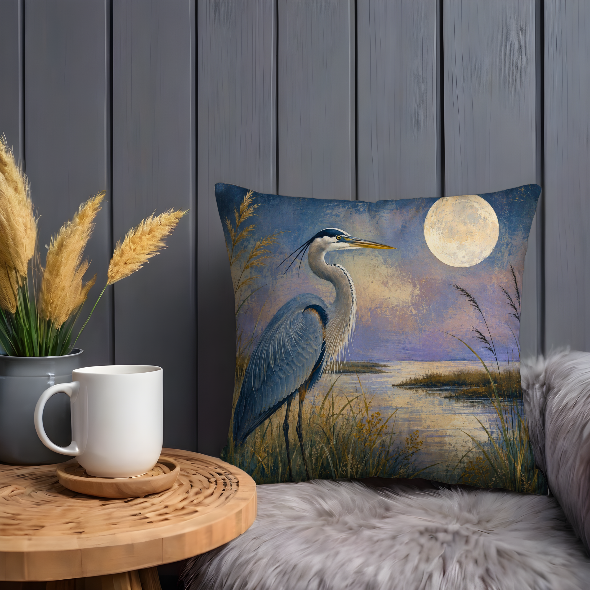 Blue Heron Moon Pillow Cover | Serene Wildlife Art