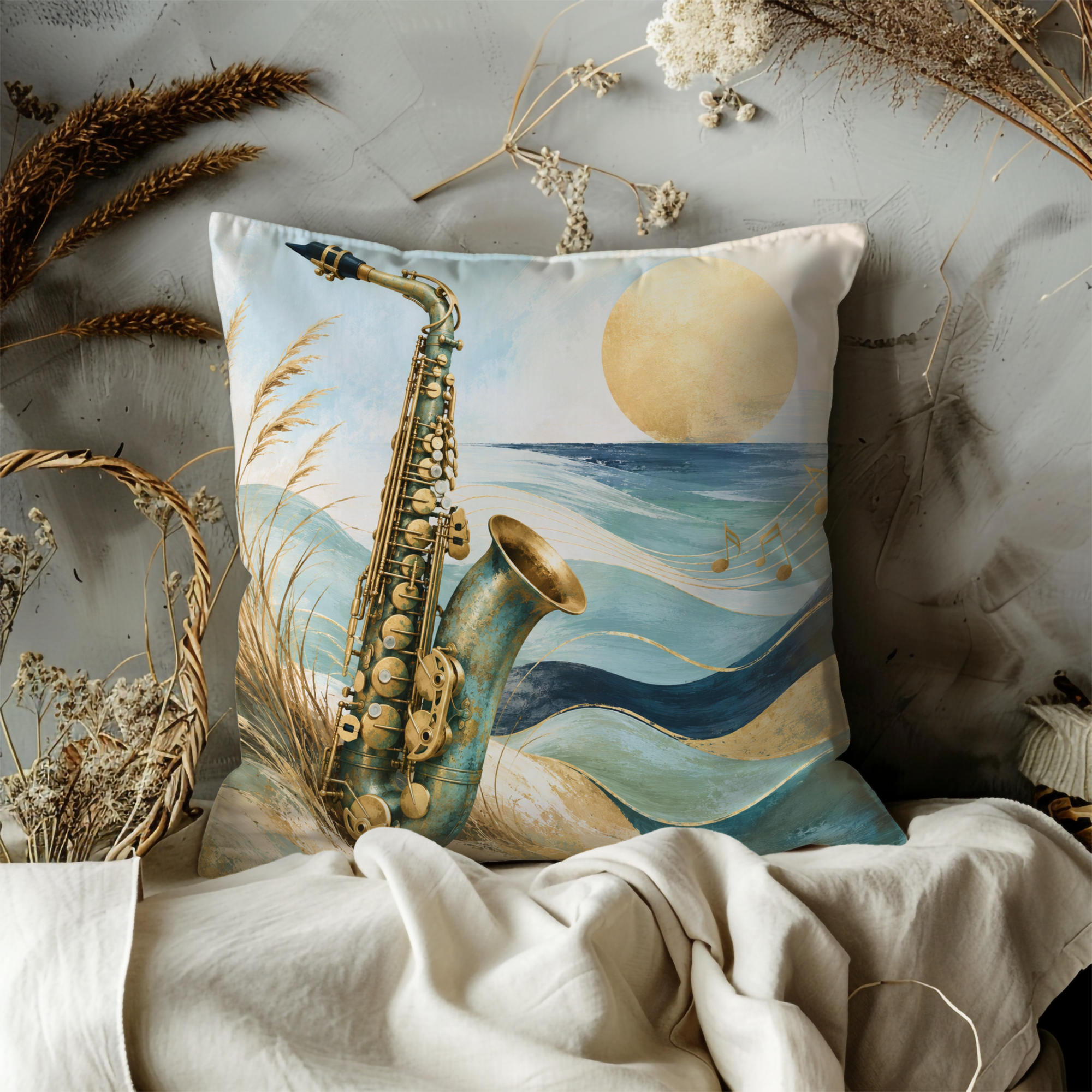 Saxophone Beach Pillow Cover | Musical Coastal Art | Serene Ocean Decor