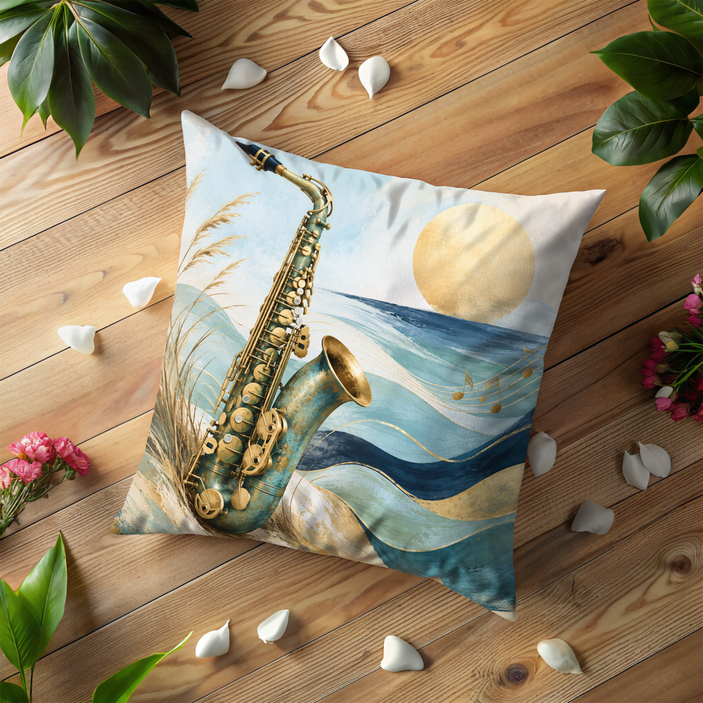 Saxophone Beach Pillow Cover | Musical Coastal Art | Serene Ocean Decor