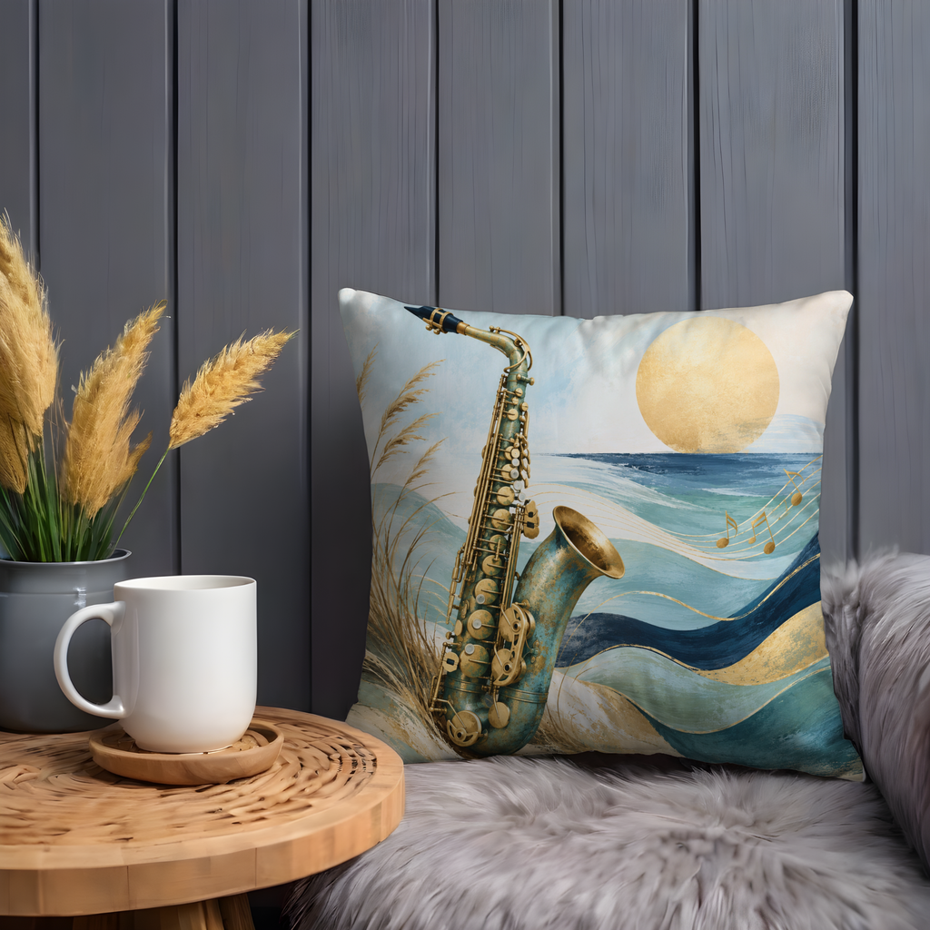 Saxophone Beach Pillow Cover | Musical Coastal Art | Serene Ocean Decor