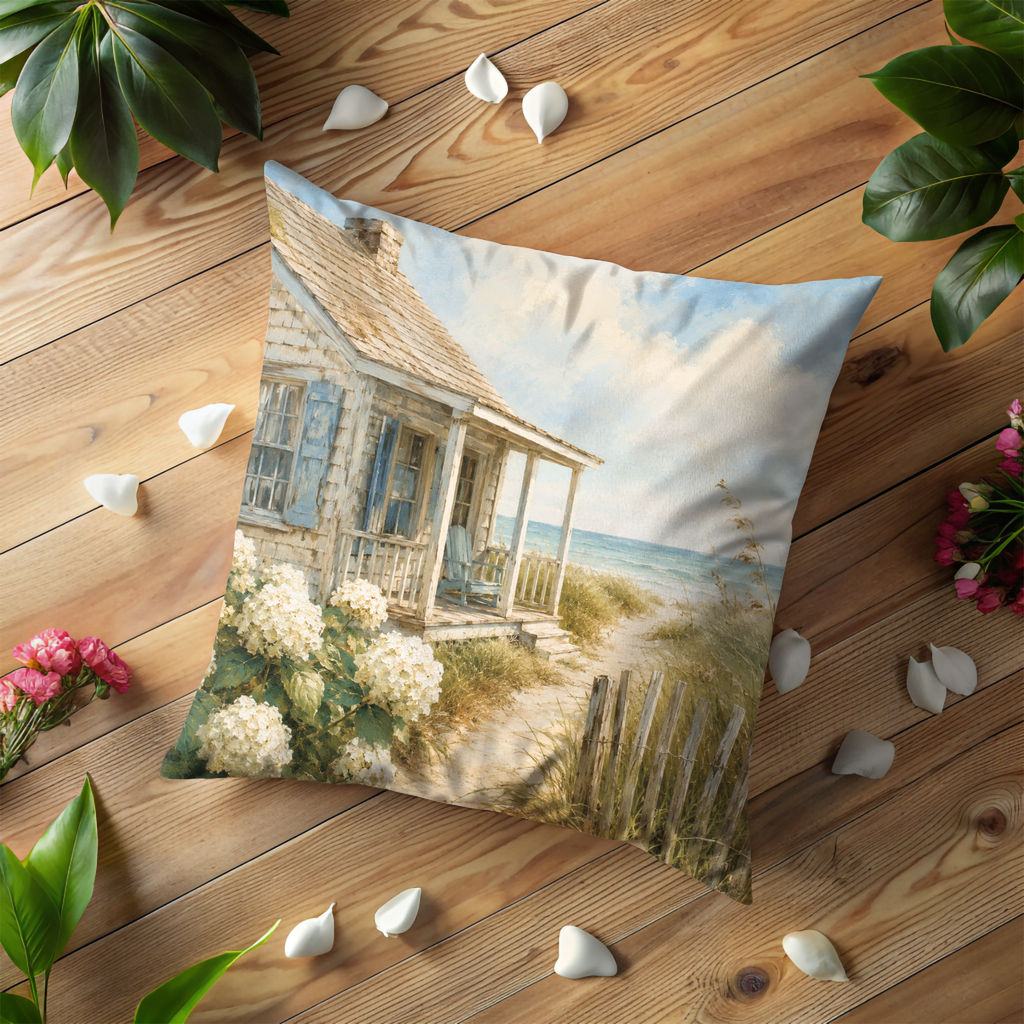 Coastal Beach Cottage Pillow Cover | Serene Landscape Art