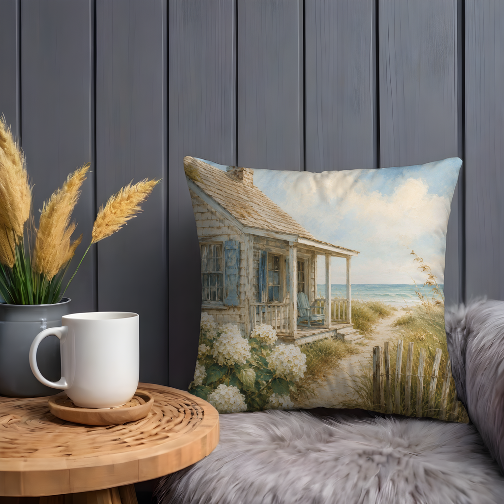 Coastal Beach Cottage Pillow Cover | Serene Landscape Art