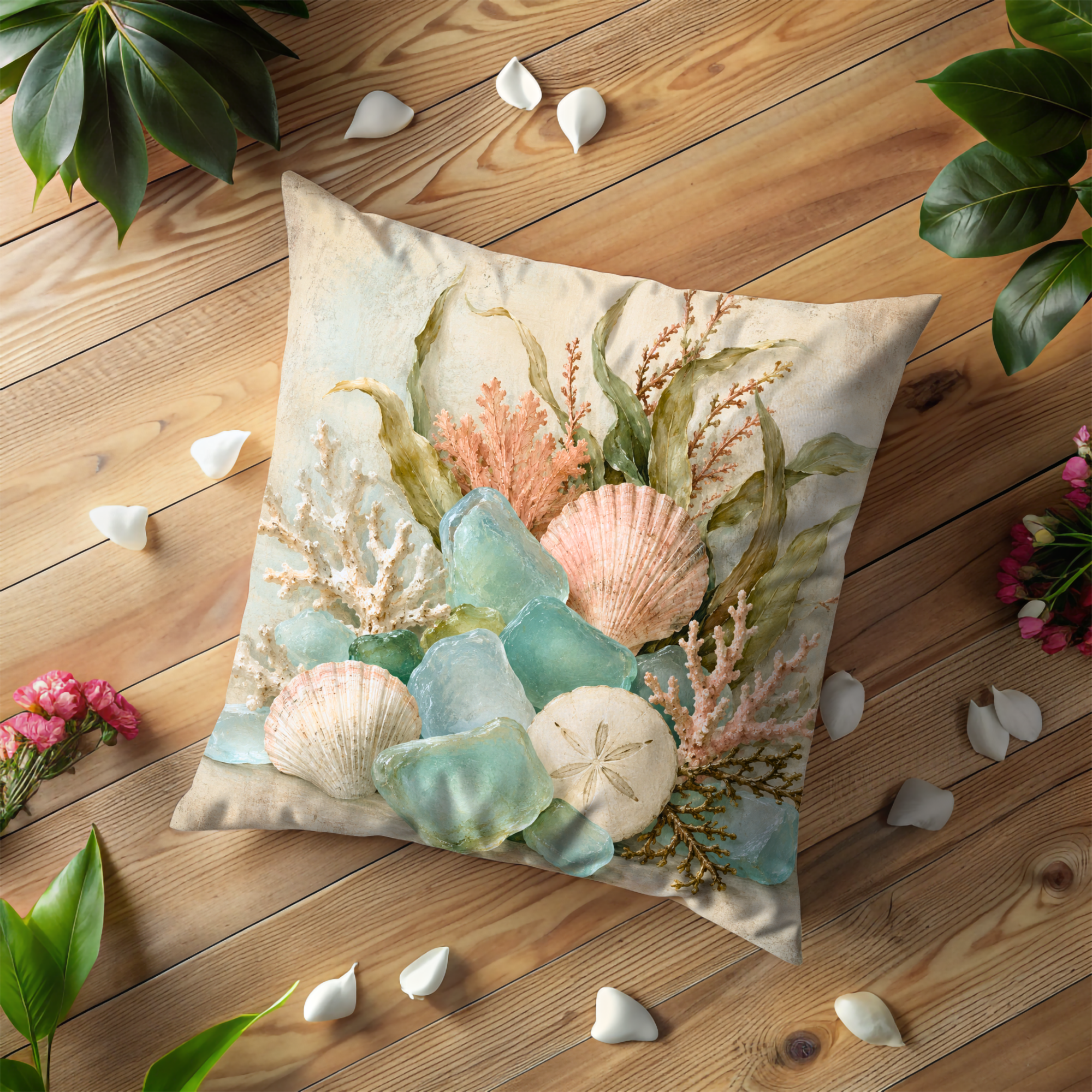 Sea Glass Seashell Pillow Cover | Coastal Ocean Art | Serene Beach Decor
