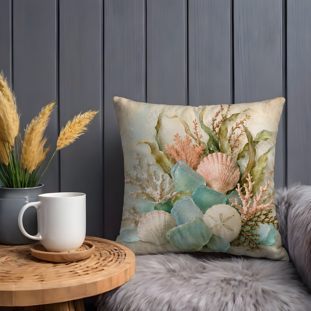 Sea Glass Seashell Pillow Cover | Coastal Ocean Art | Serene Beach Decor