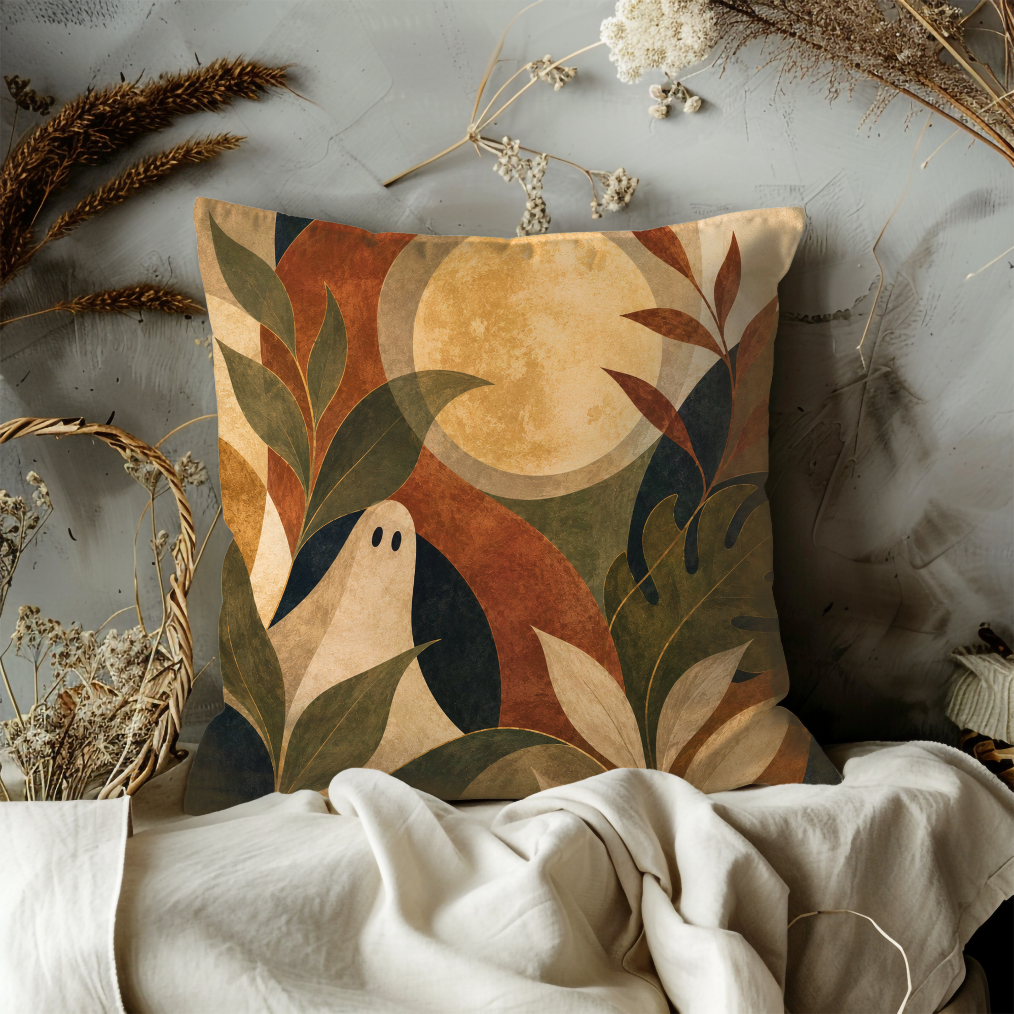 Ghost Pumpkin Pillow Cover | Earthy Boho Art | Cozy Autumn Decor