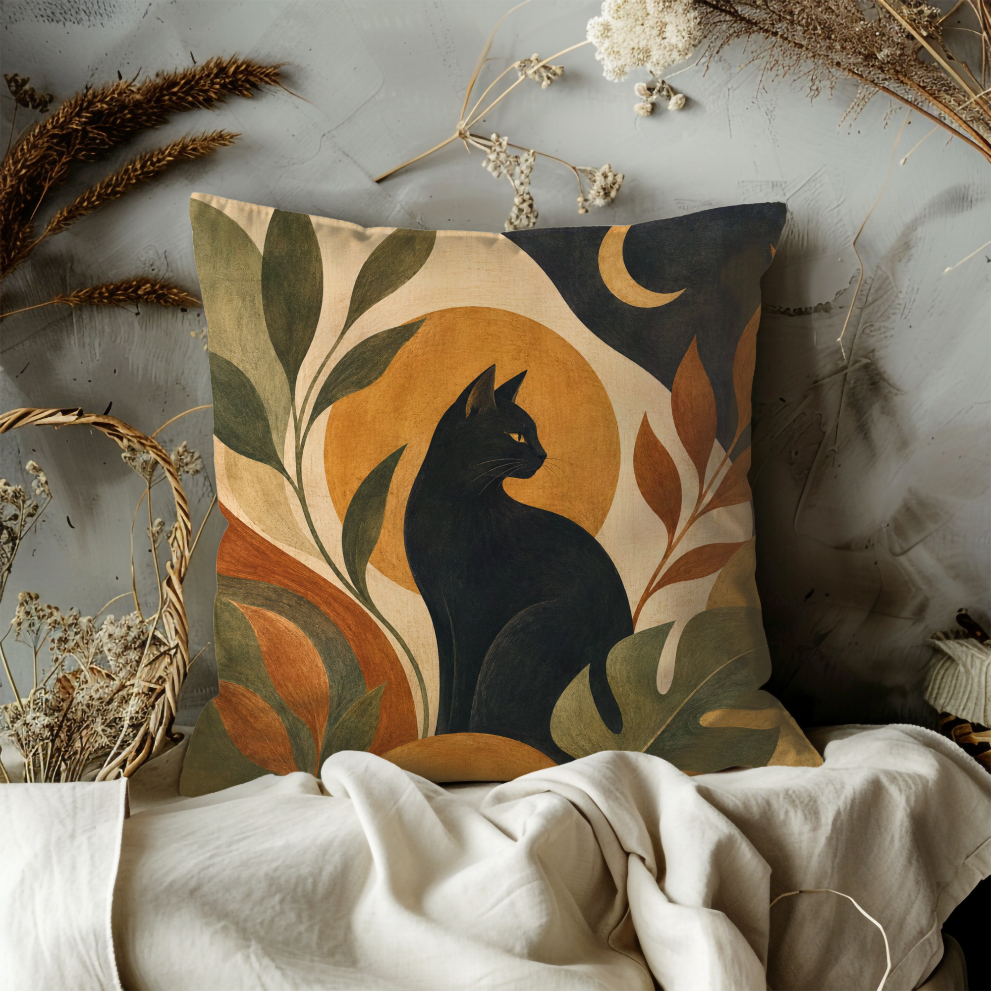 Black Cat Terracotta Moon Pillow Cover | Earthy Botanical Art