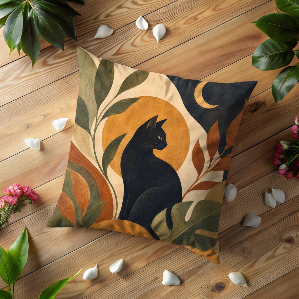 Black Cat Terracotta Moon Pillow Cover | Earthy Botanical Art