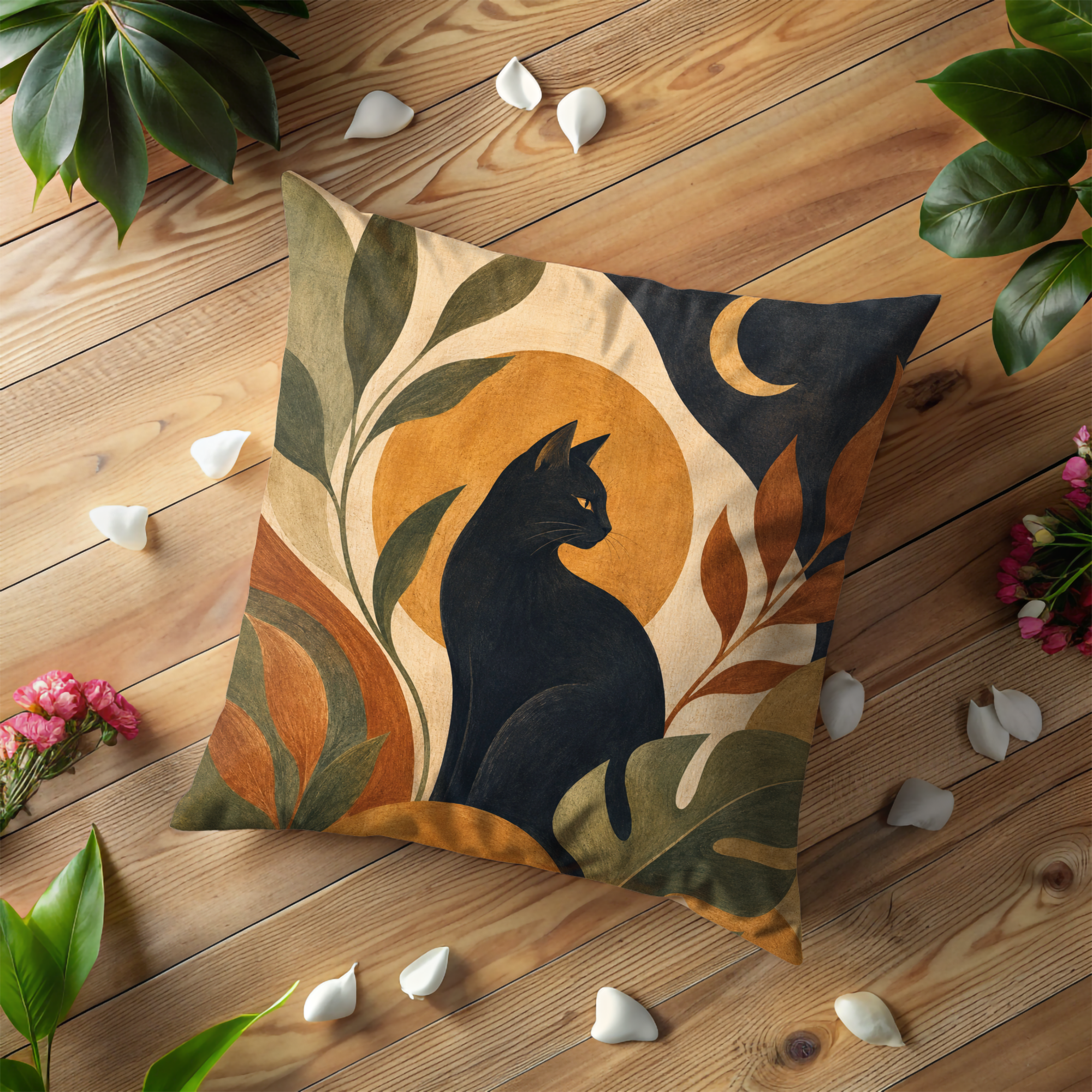 Black Cat Terracotta Moon Pillow Cover | Earthy Botanical Art