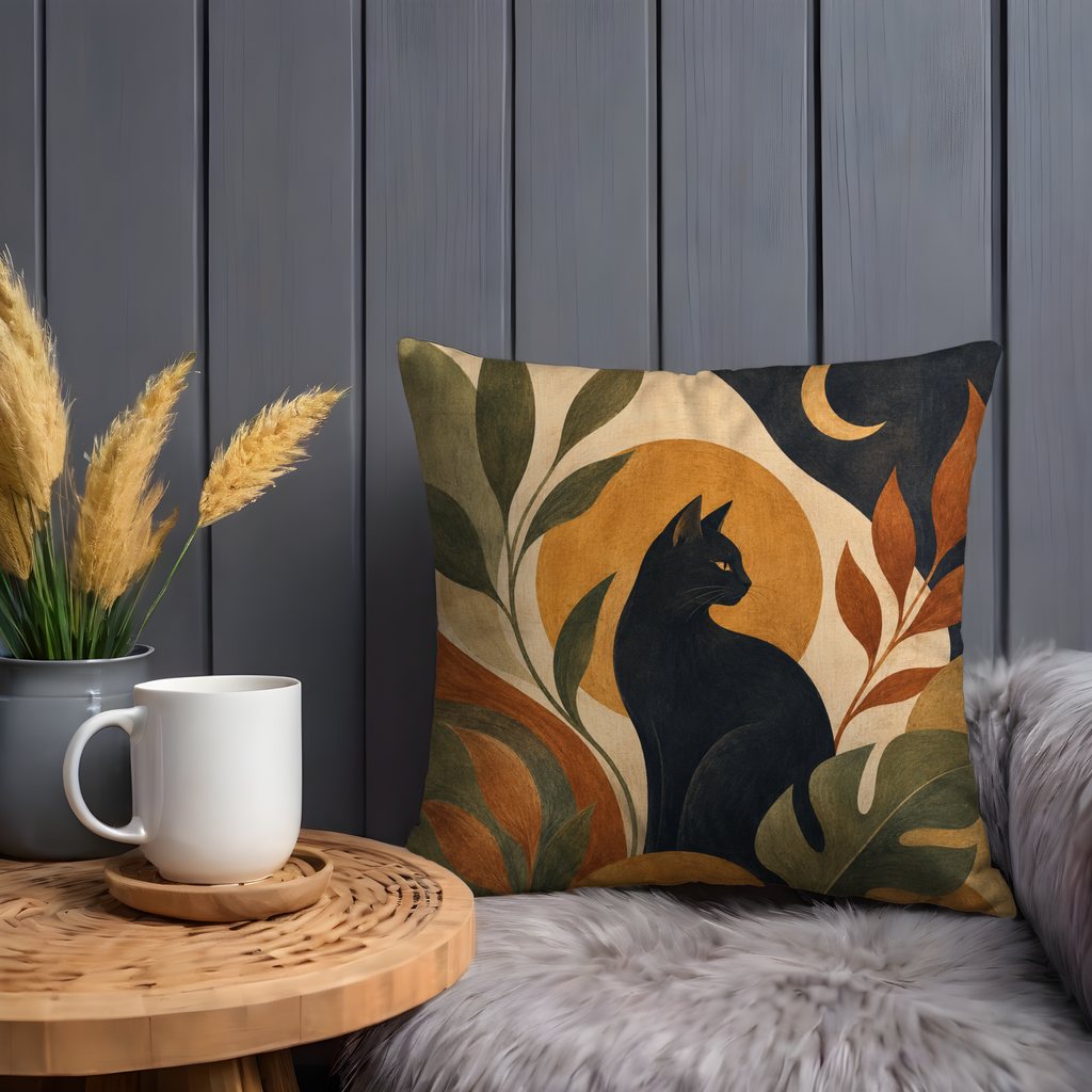 Black Cat Terracotta Moon Pillow Cover | Earthy Botanical Art