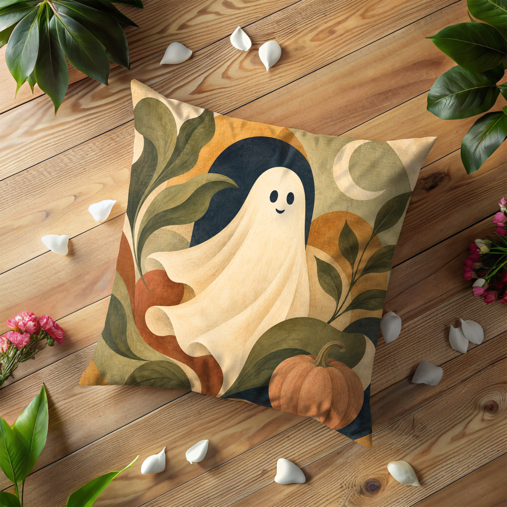 Ghost Pumpkin Pillow Cover | Cute Halloween Art | Cozy Autumn Decor