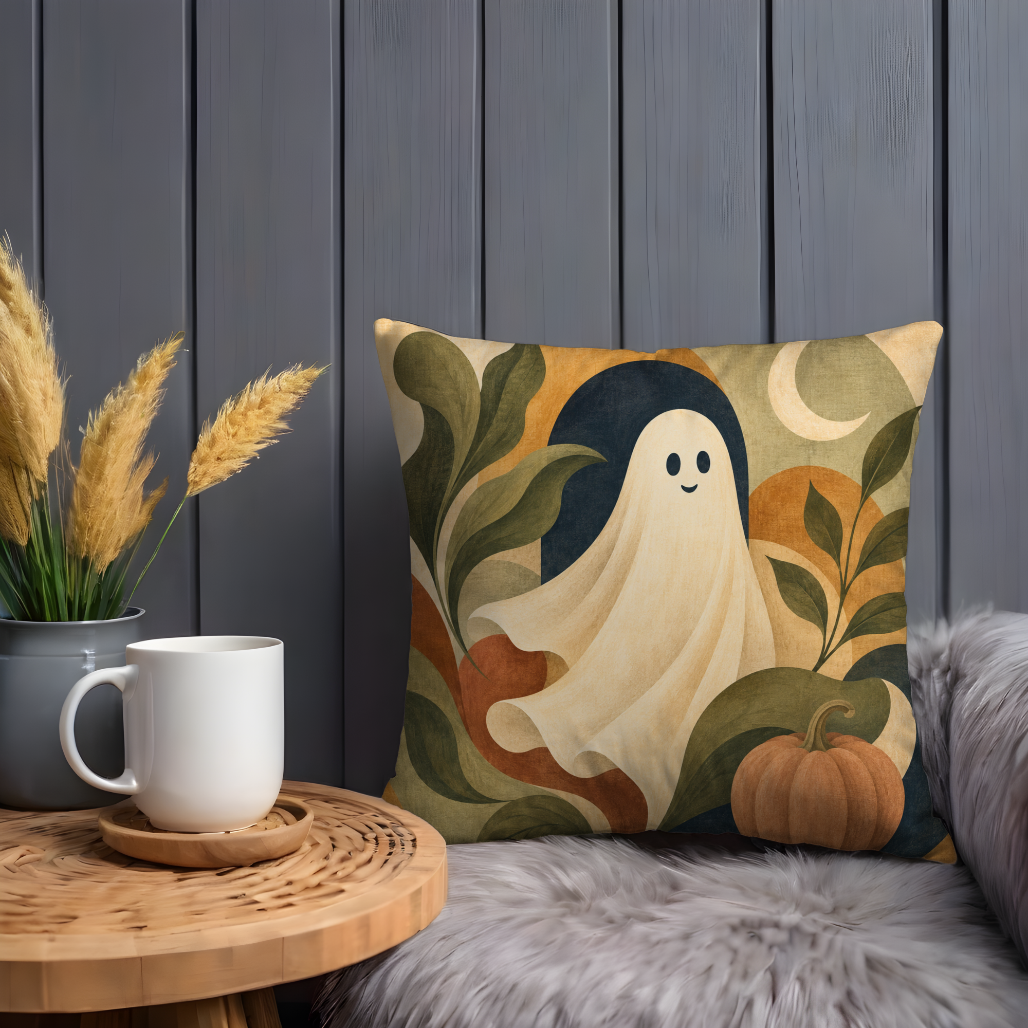 Ghost Pumpkin Pillow Cover | Cute Halloween Art | Cozy Autumn Decor