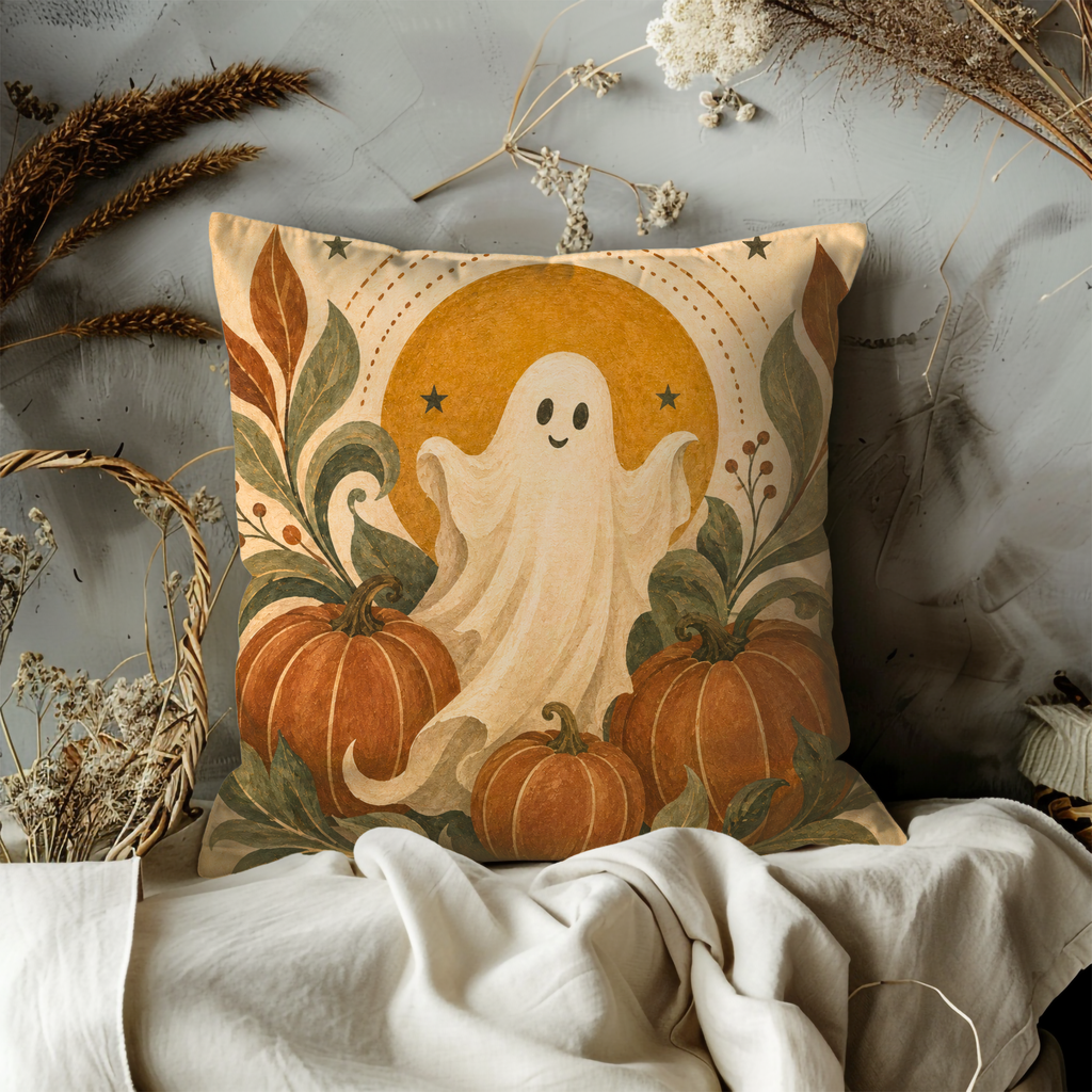 Ghost Pumpkin Pillow Cover | Cute Halloween Art | Cozy Autumn Decor