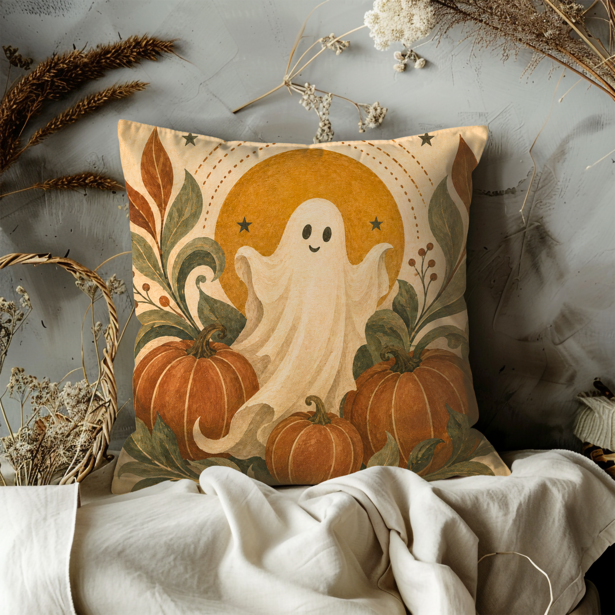 Ghost Pumpkin Pillow Cover | Cute Halloween Art | Cozy Autumn Decor
