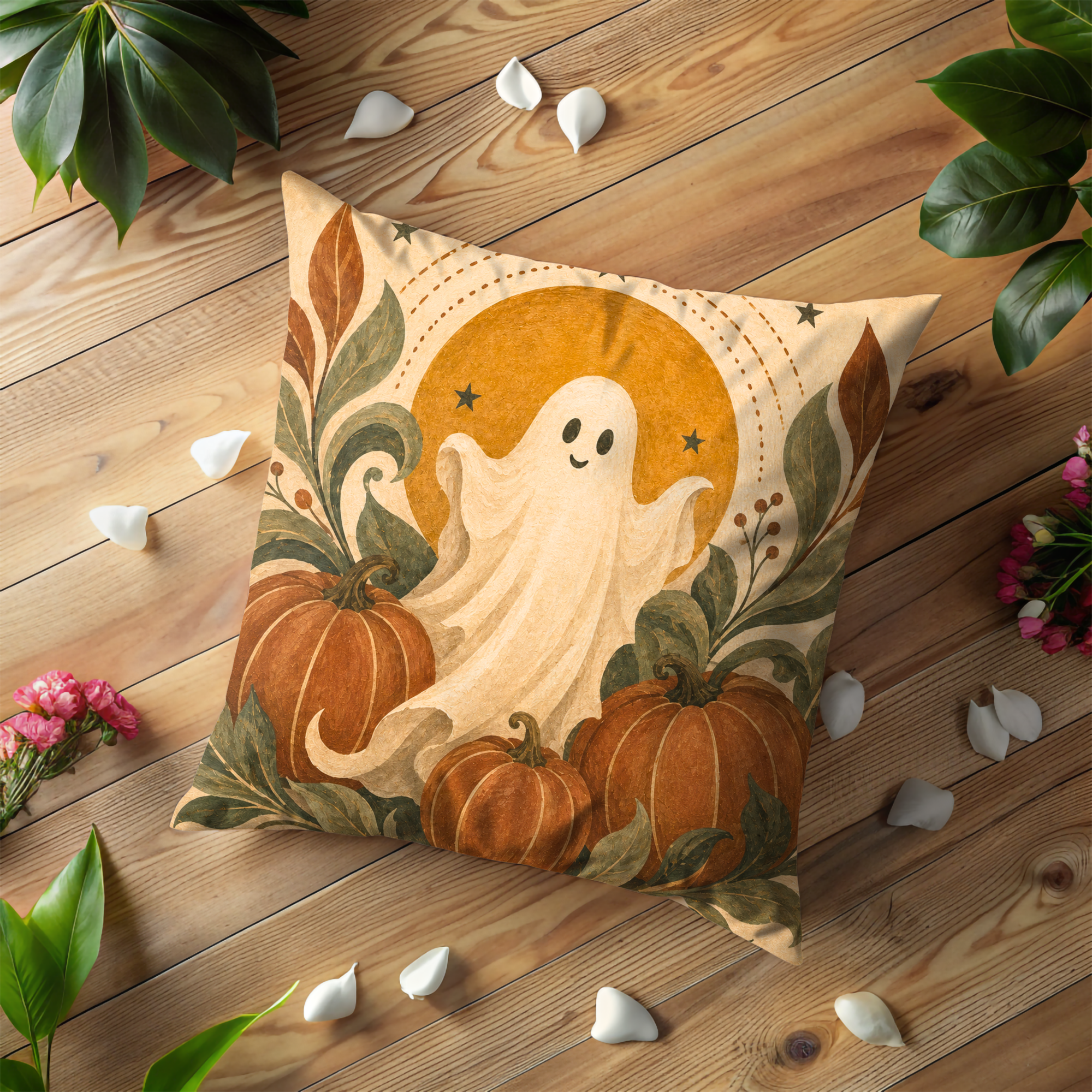 Ghost Pumpkin Pillow Cover | Cute Halloween Art | Cozy Autumn Decor