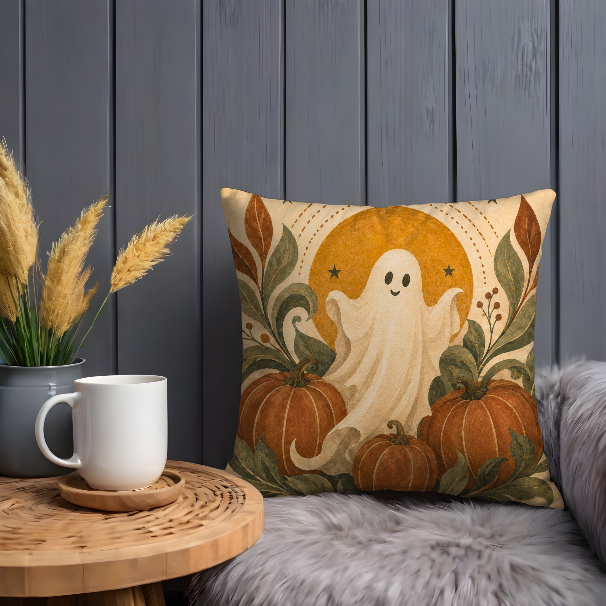 Ghost Pumpkin Pillow Cover | Cute Halloween Art | Cozy Autumn Decor