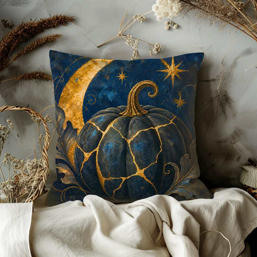 Blue Gold Pumpkin Pillow Cover | Celestial Art | Mystical Decor