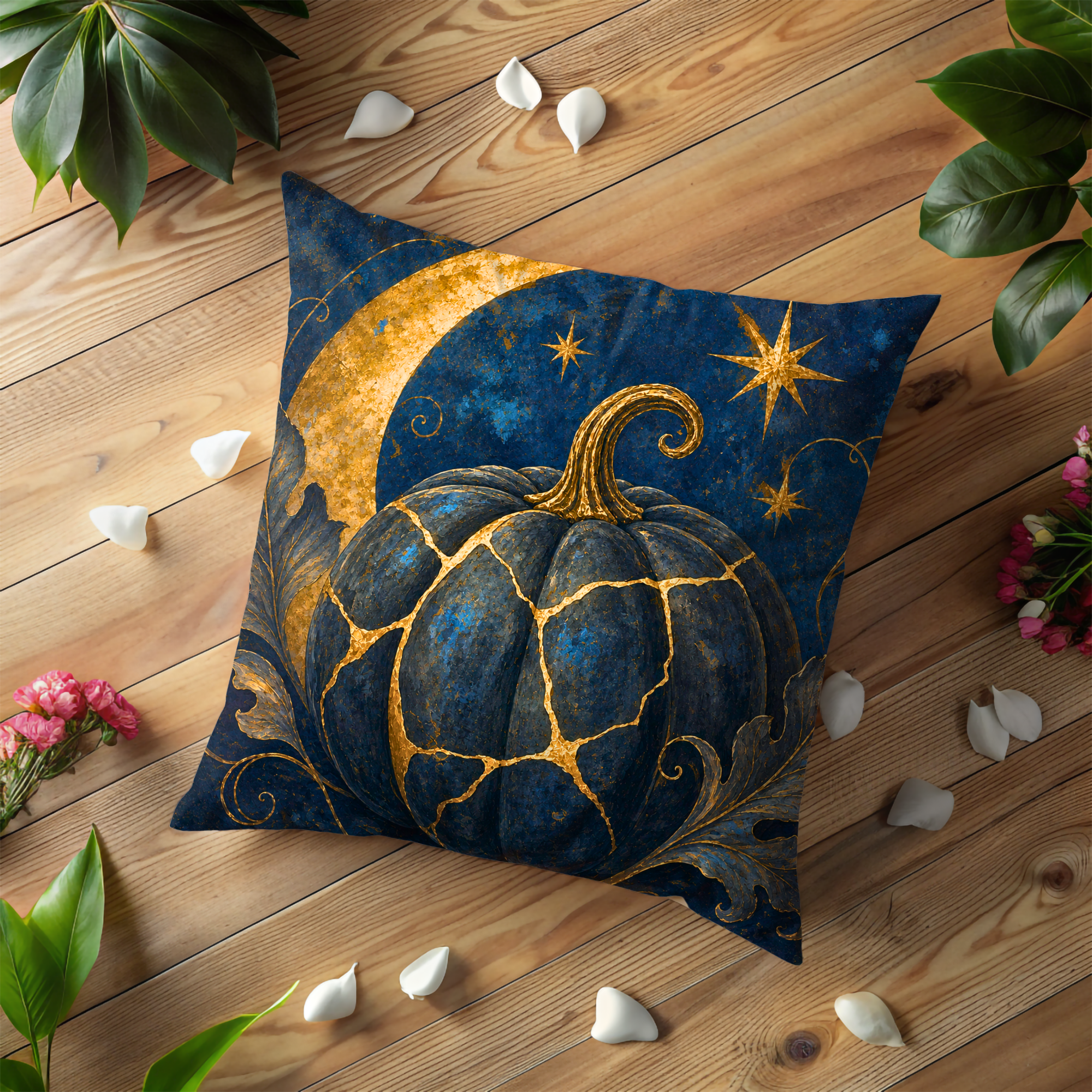 Blue Gold Pumpkin Pillow Cover | Celestial Art | Mystical Decor