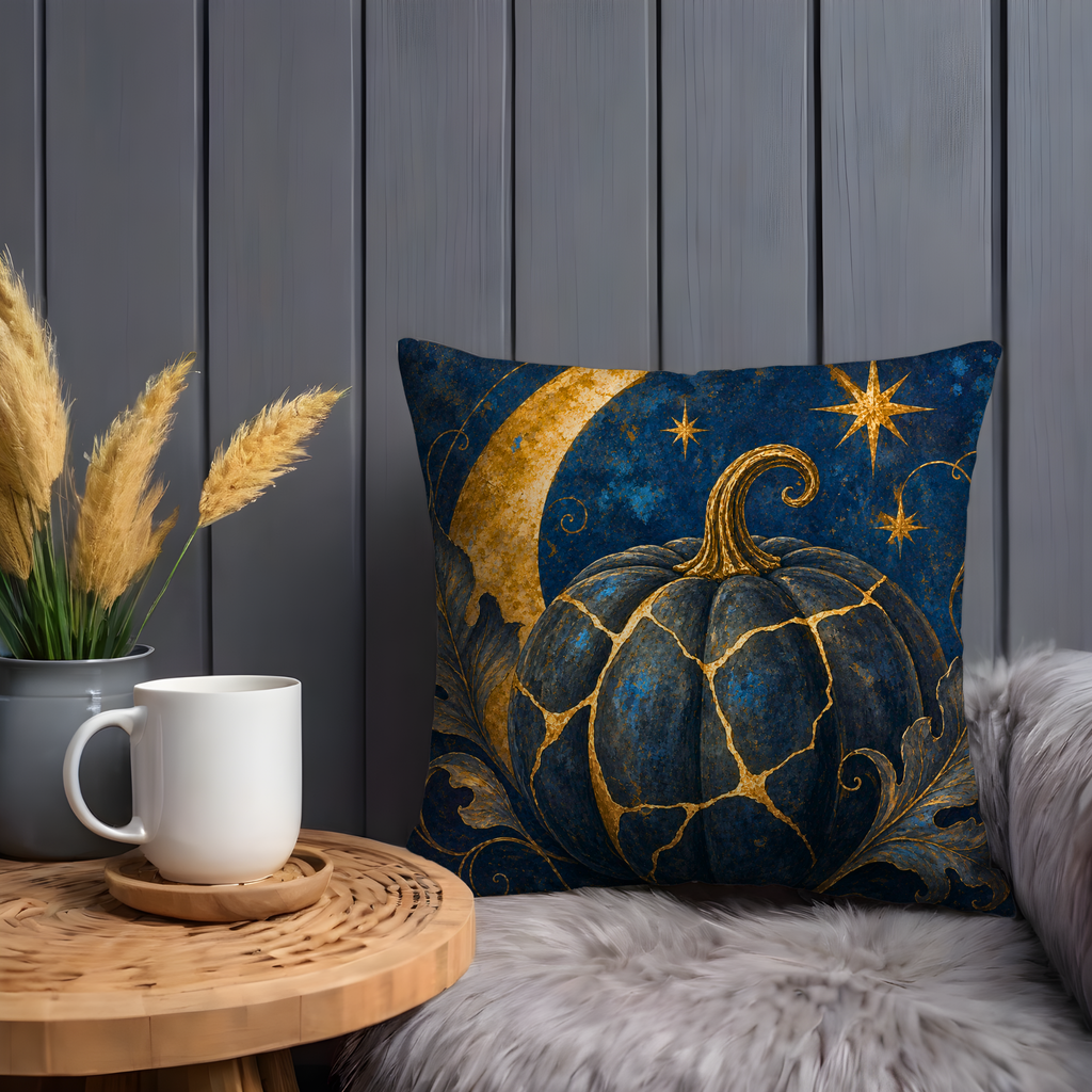 Blue Gold Pumpkin Pillow Cover | Celestial Art | Mystical Decor