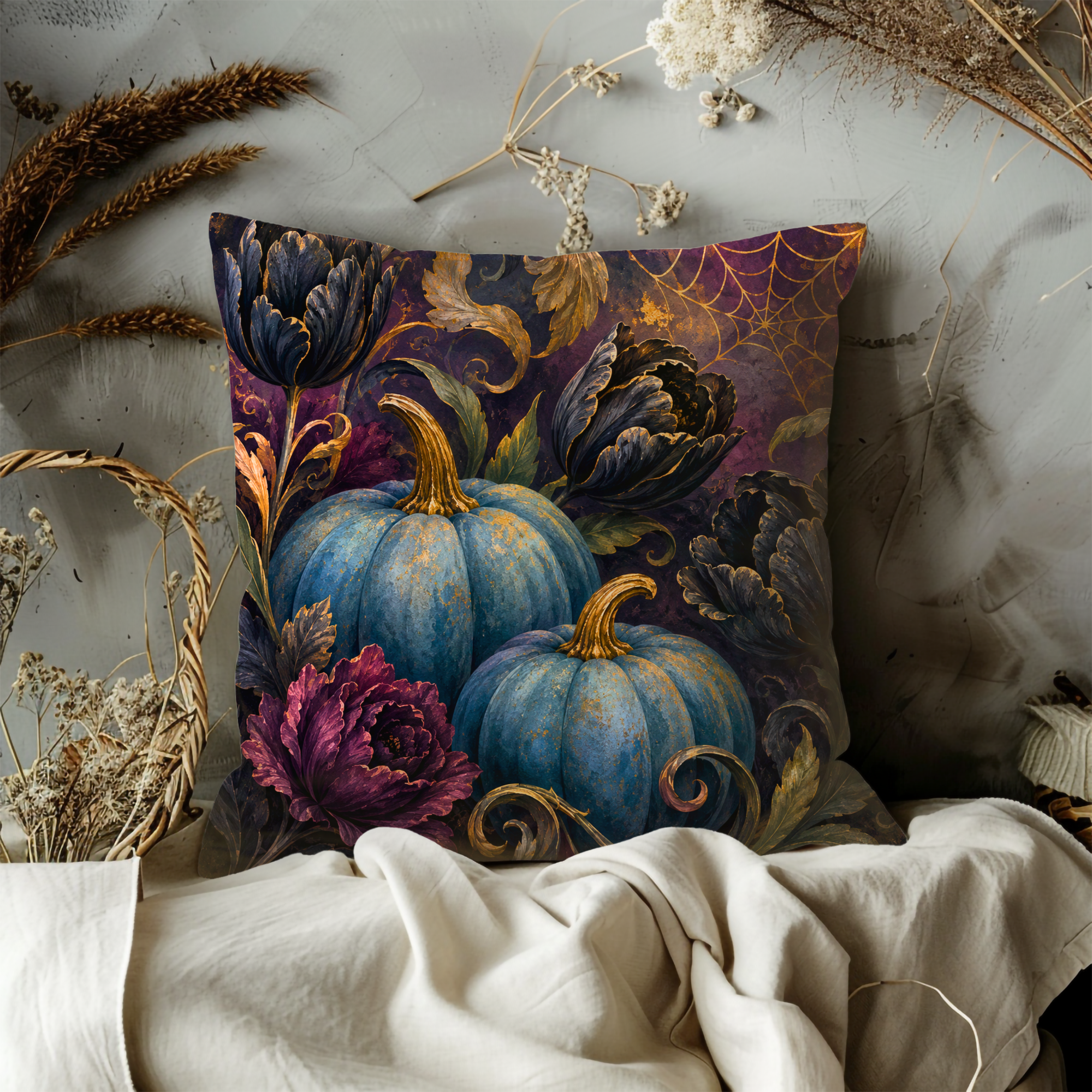Blue Pumpkin Floral Pillow Cover | Elegant Fall Art
