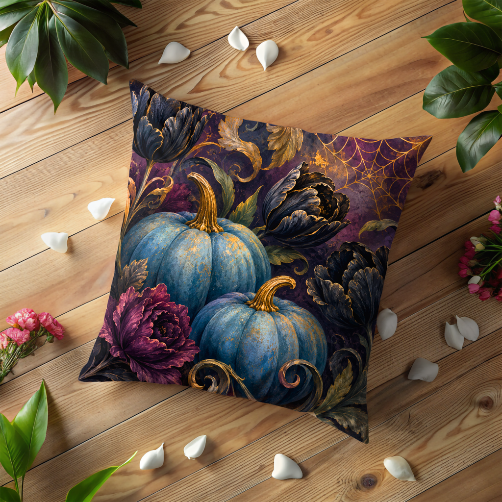 Blue Pumpkin Floral Pillow Cover | Elegant Fall Art