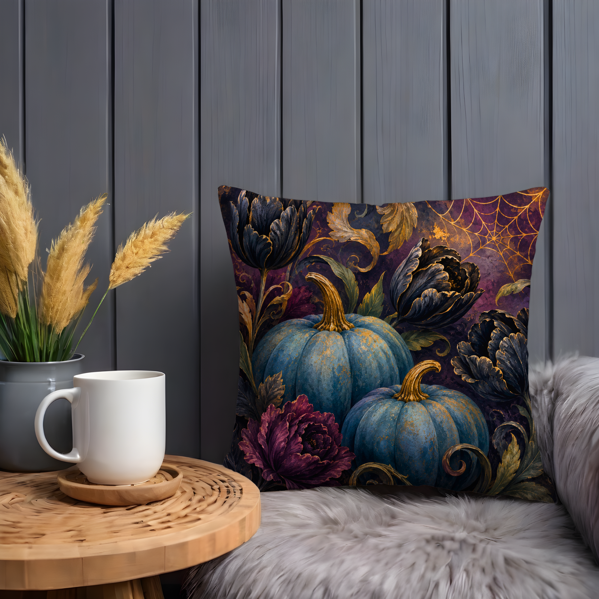 Blue Pumpkin Floral Pillow Cover | Elegant Fall Art