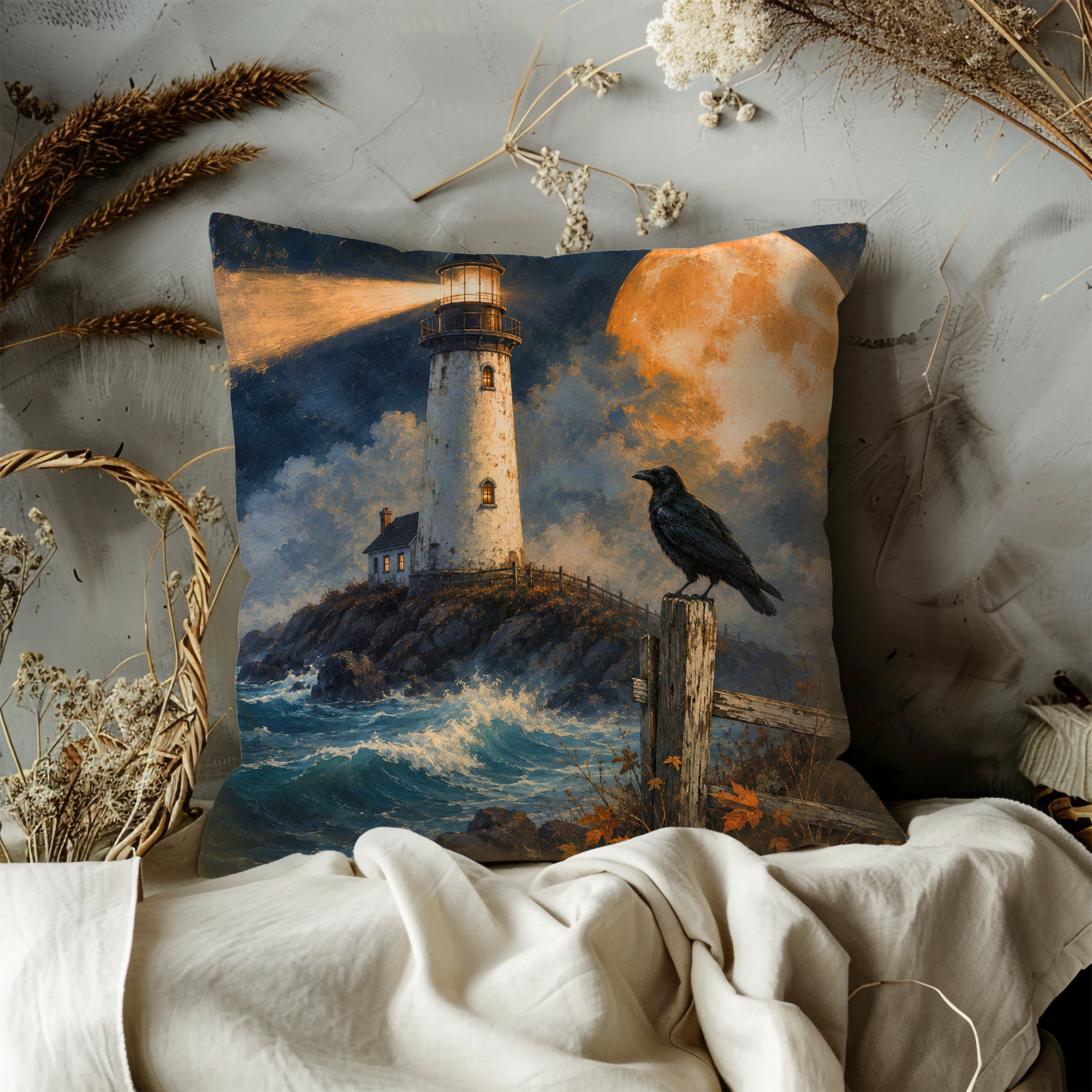 Lighthouse Raven Pillow Cover | Dramatic Coastal Art | Mystical Autumn Decor