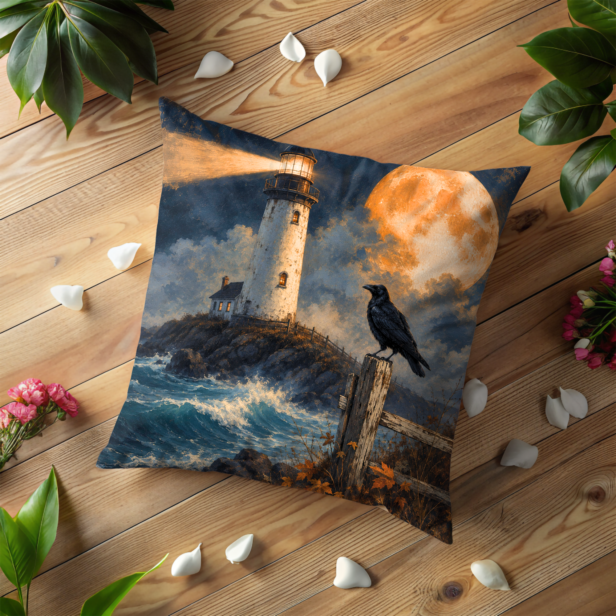 Lighthouse Raven Pillow Cover | Dramatic Coastal Art | Mystical Autumn Decor