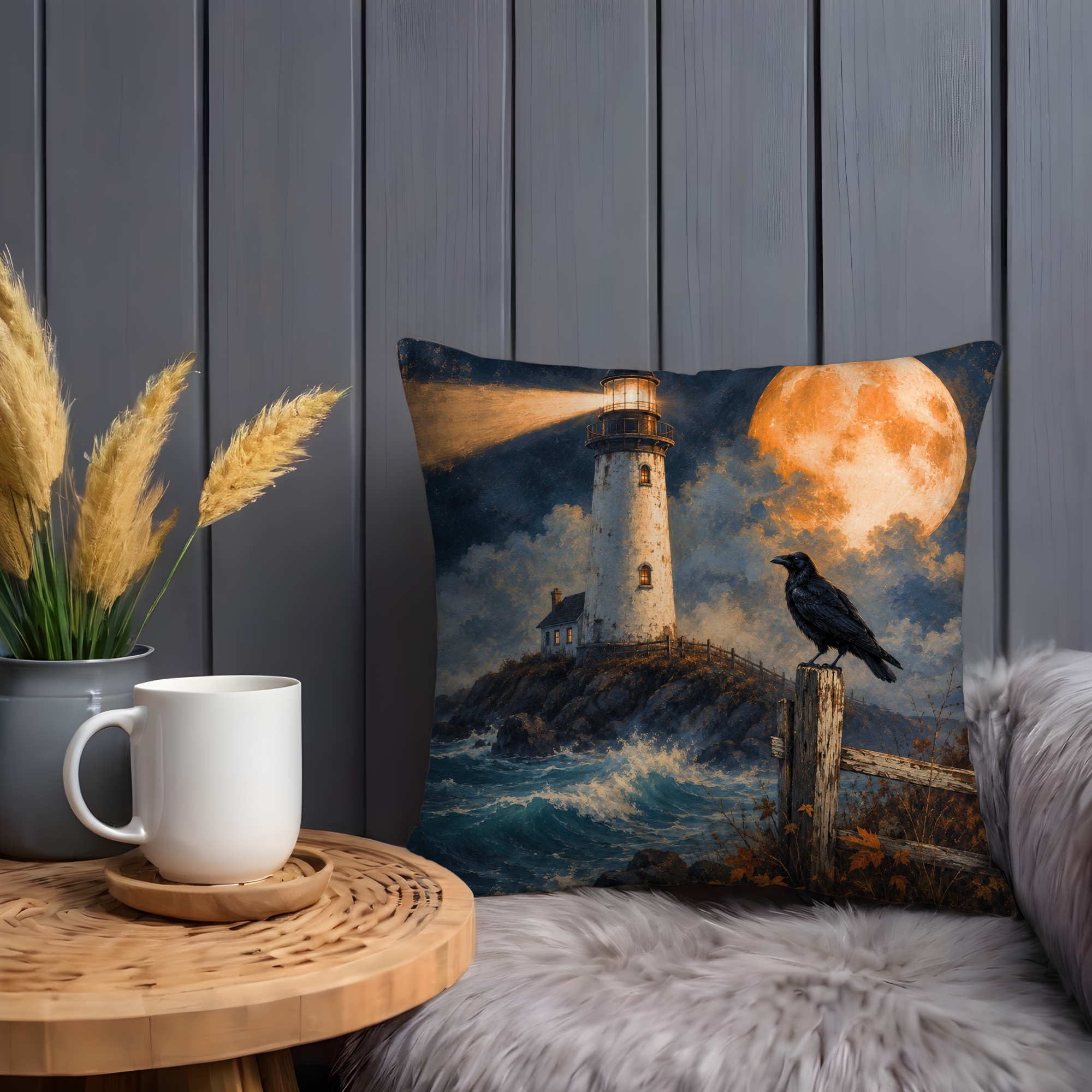 Lighthouse Raven Pillow Cover | Dramatic Coastal Art | Mystical Autumn Decor