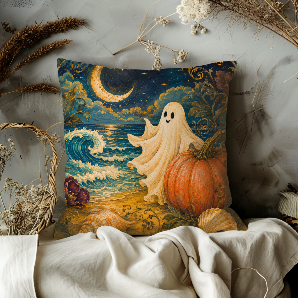 Ghost Pumpkin Beach Pillow Cover | Cute Halloween Art