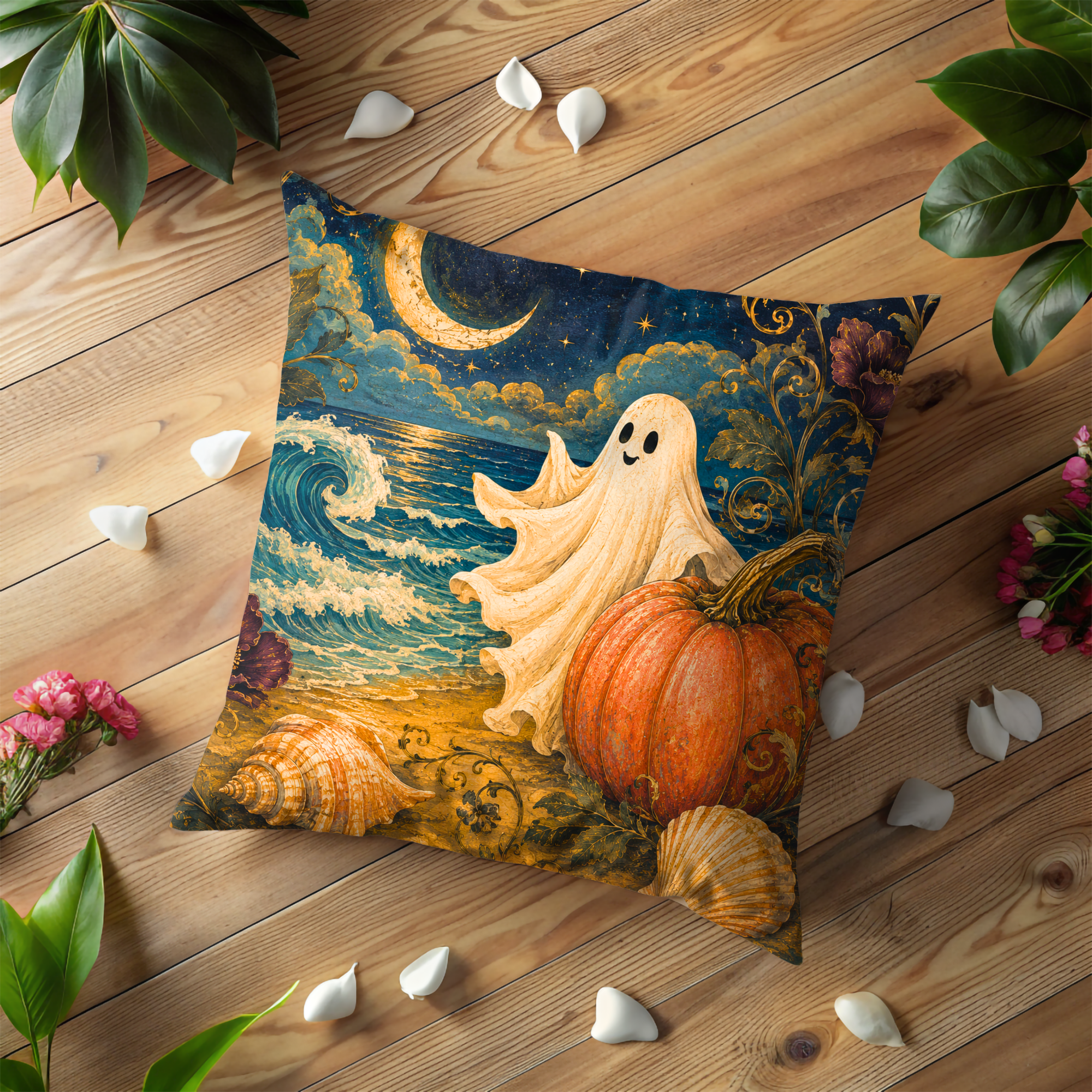 Ghost Pumpkin Beach Pillow Cover | Cute Halloween Art