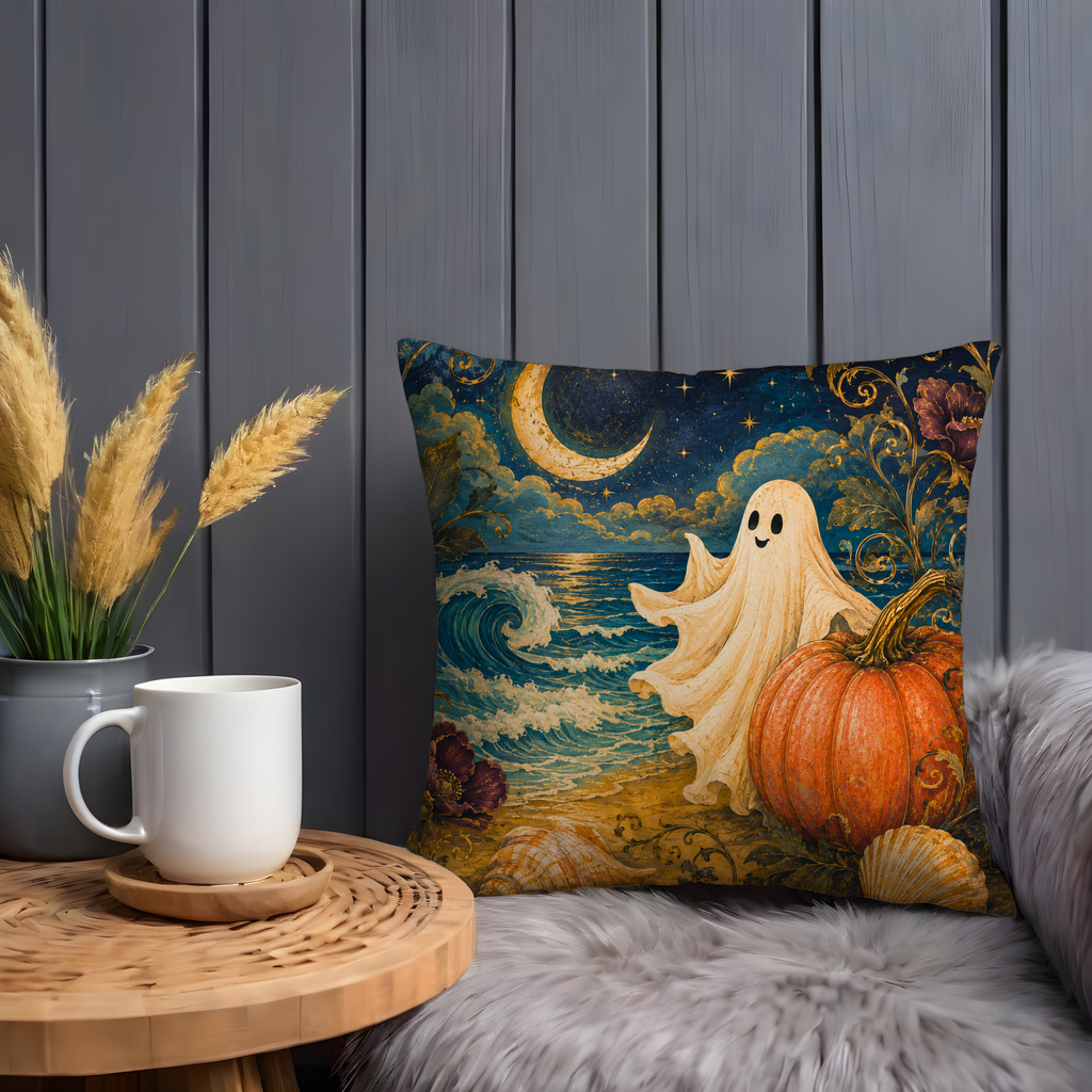 Ghost Pumpkin Beach Pillow Cover | Cute Halloween Art