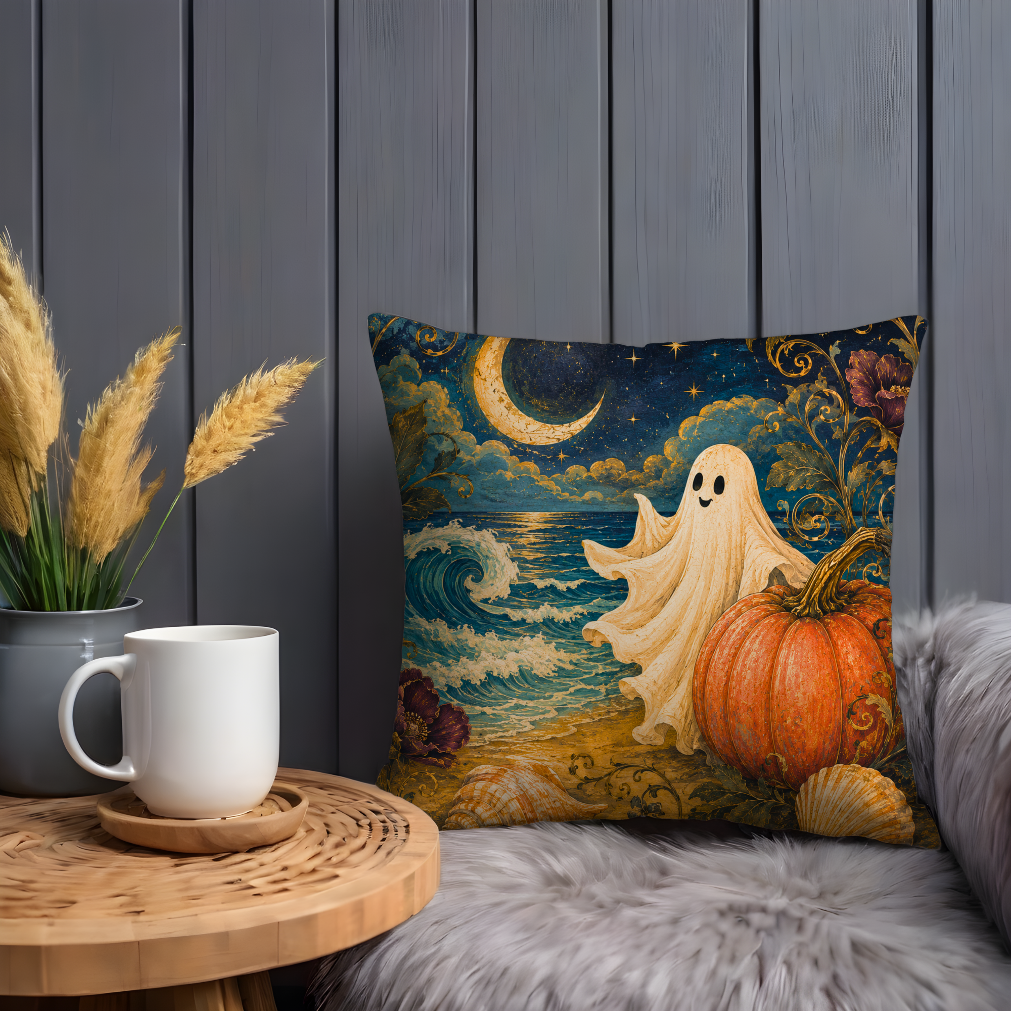 Ghost Pumpkin Beach Pillow Cover | Cute Halloween Art