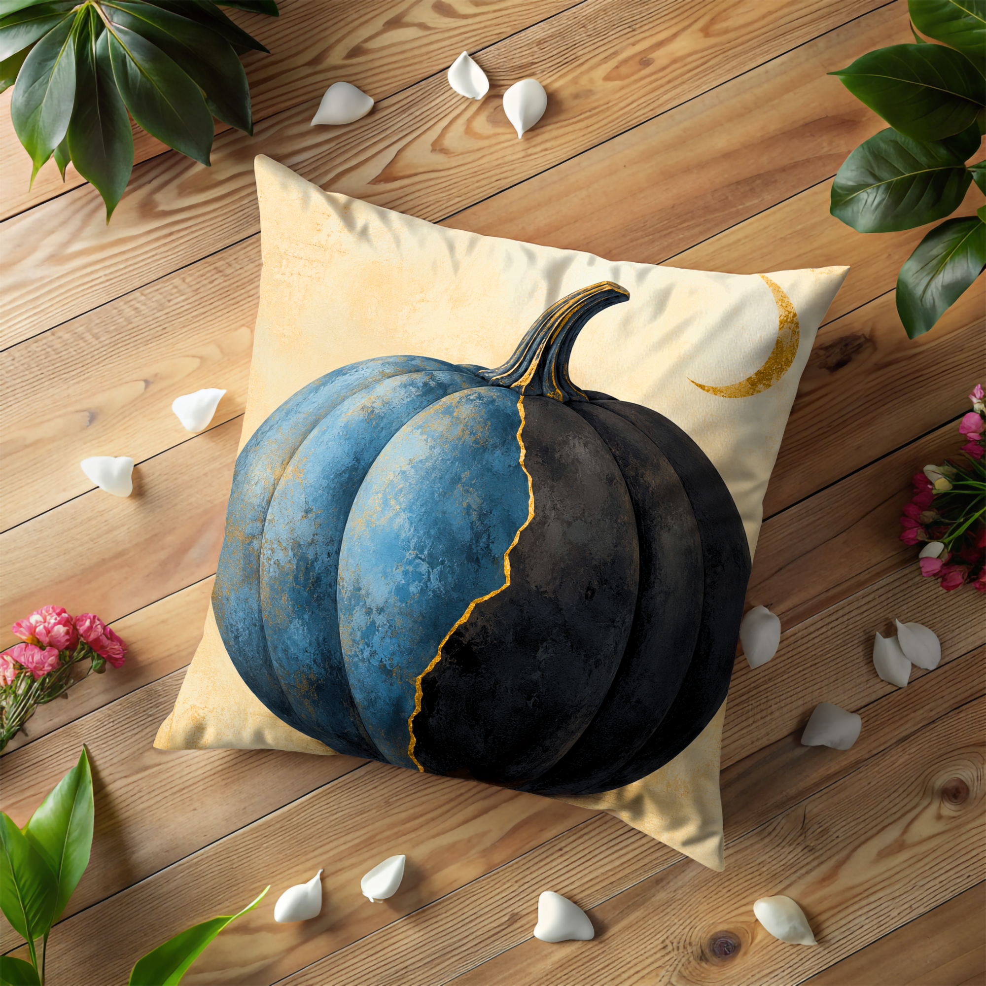Blue Black Pumpkin Pillow Cover | Golden Crack Art | Mystical Decor