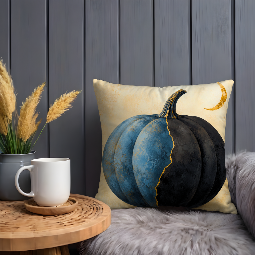 Blue Black Pumpkin Pillow Cover | Golden Crack Art | Mystical Decor