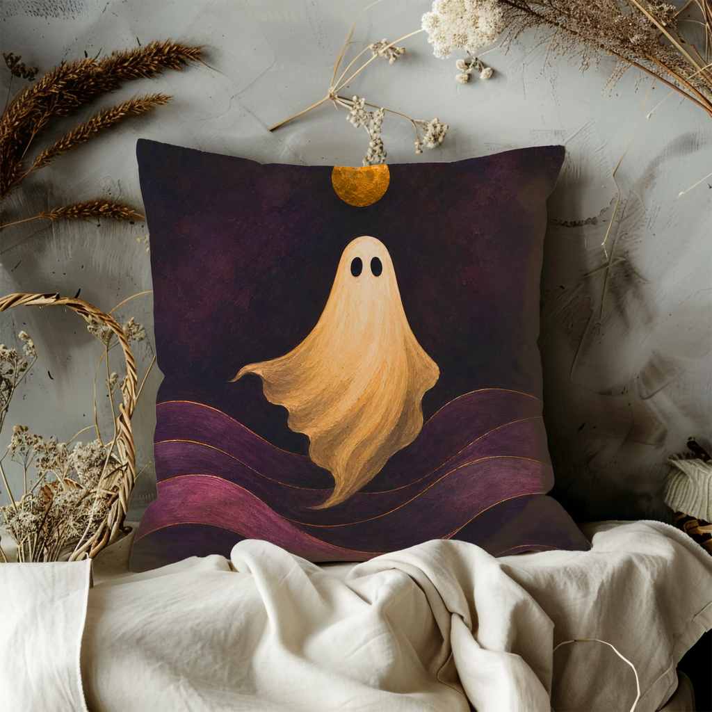 Purple Ghost Moon Pillow Cover | Minimal Halloween Art