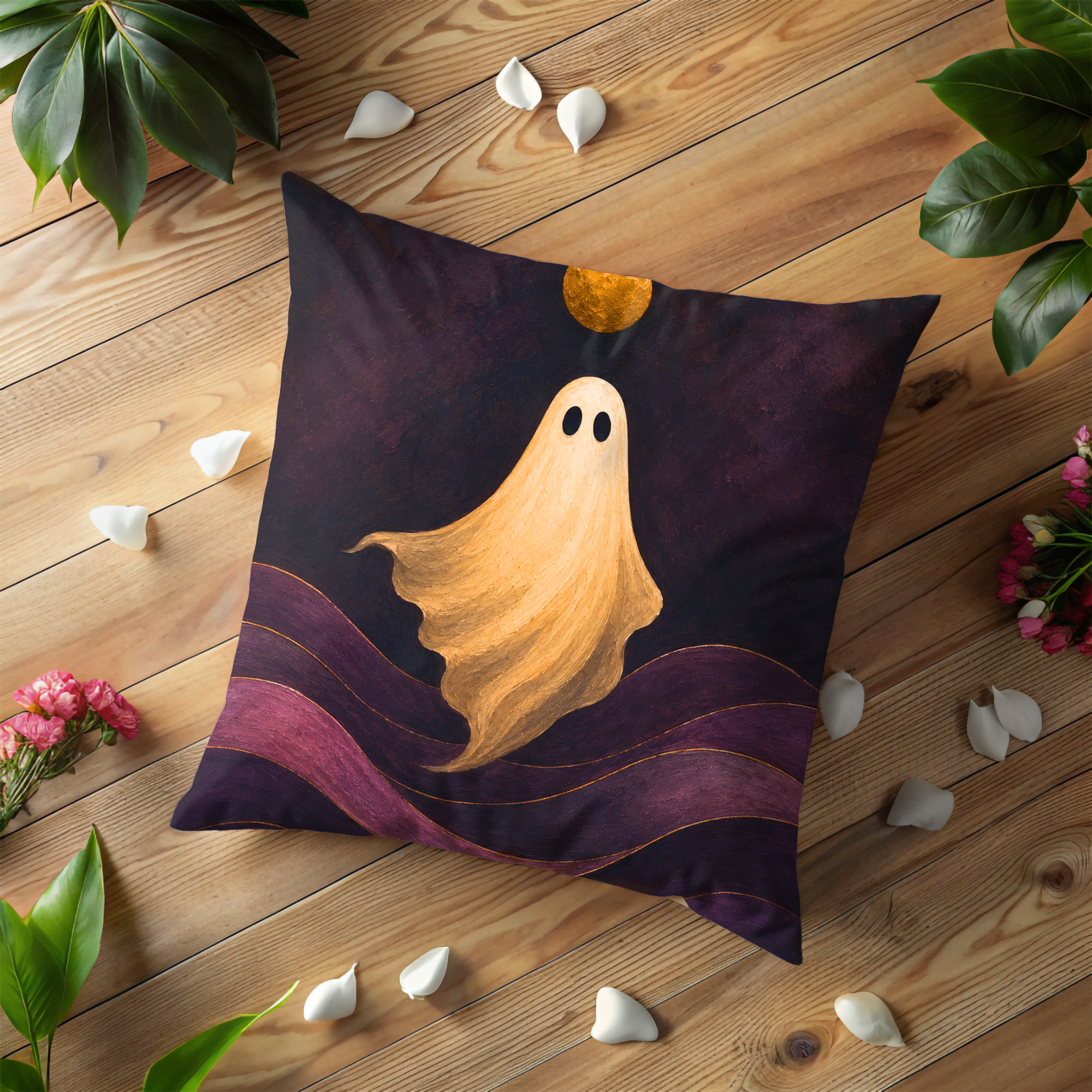 Purple Ghost Moon Pillow Cover | Minimal Halloween Art