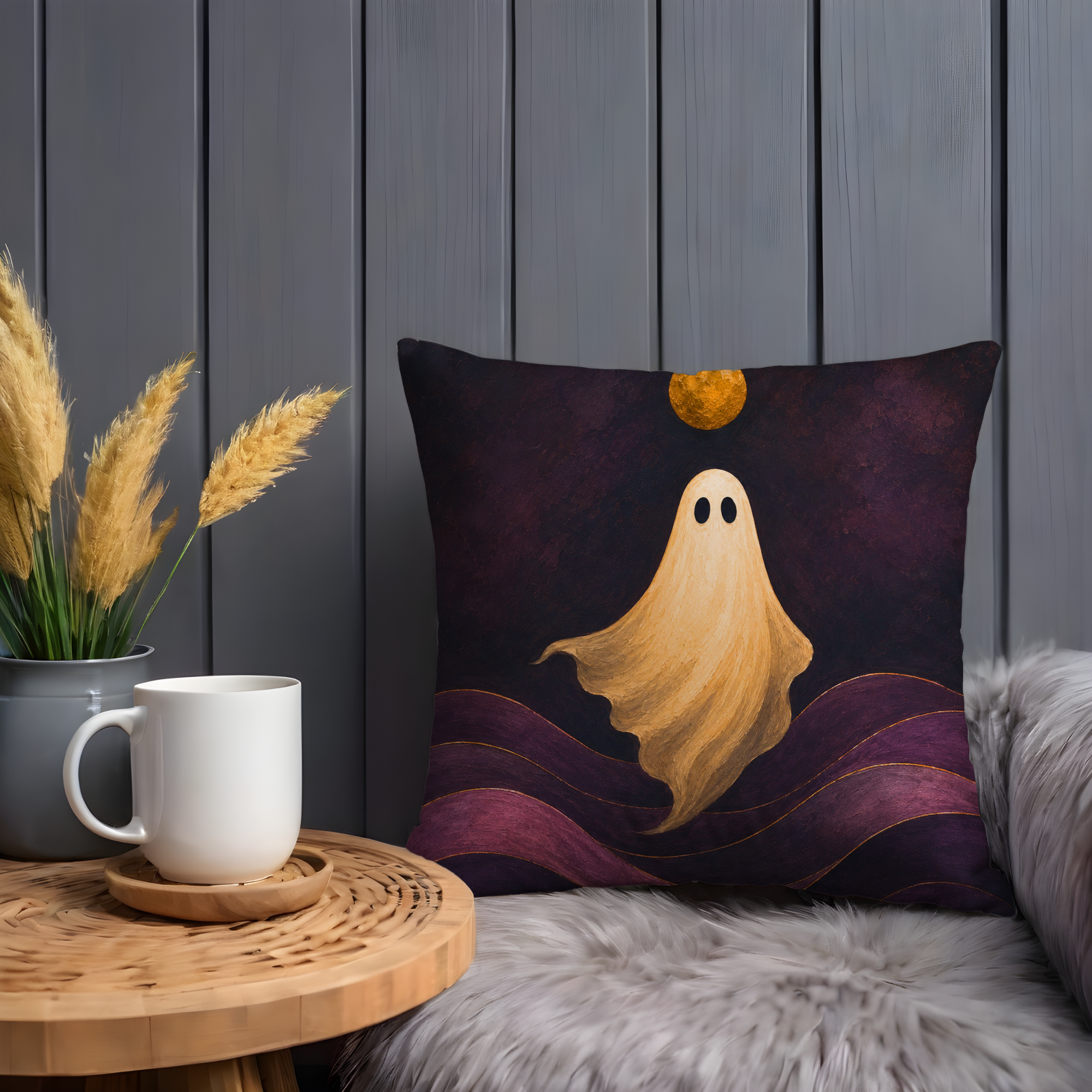Purple Ghost Moon Pillow Cover | Minimal Halloween Art