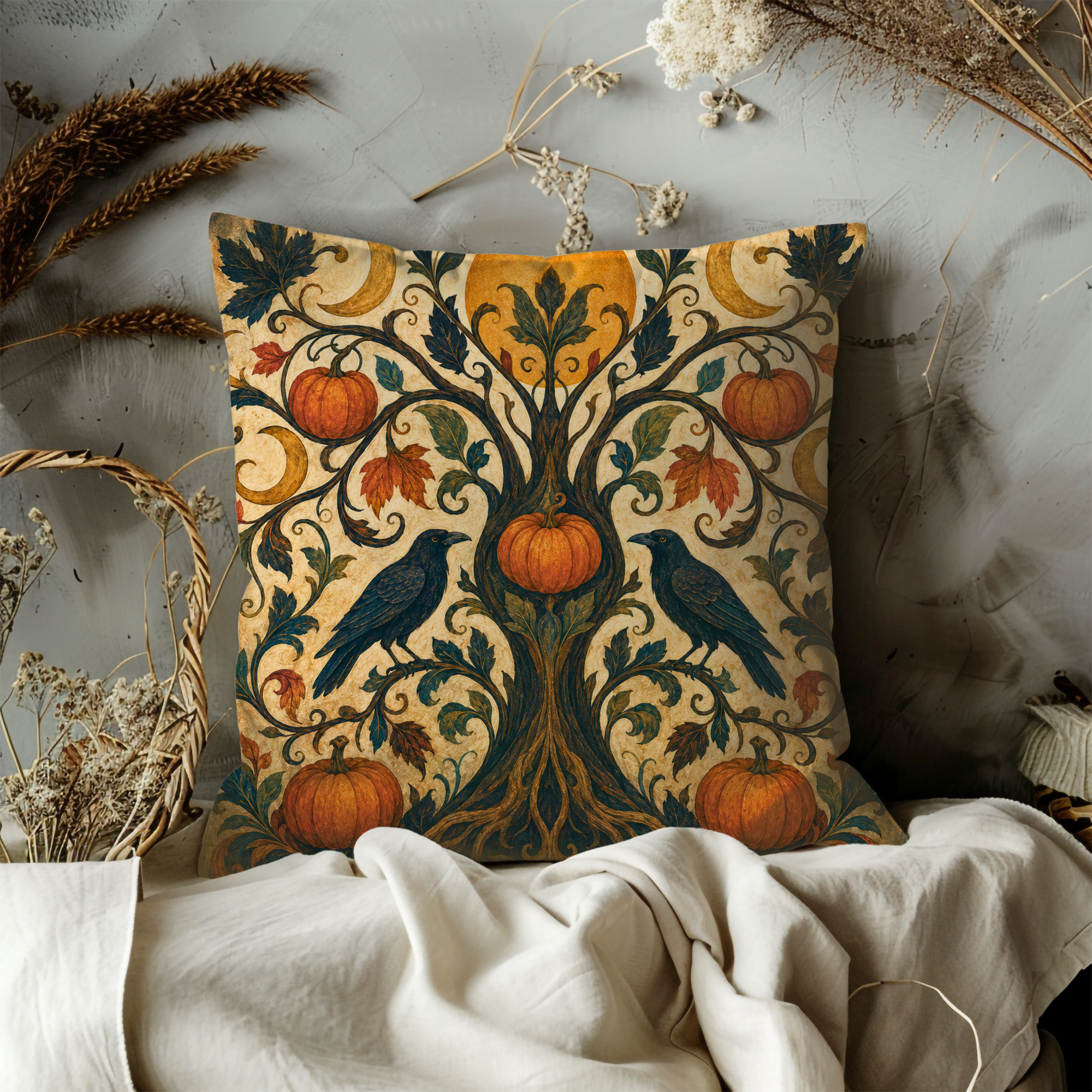 Raven Pumpkin Tree Pillow Cover | Ornate Autumn Art | Mystical Decor
