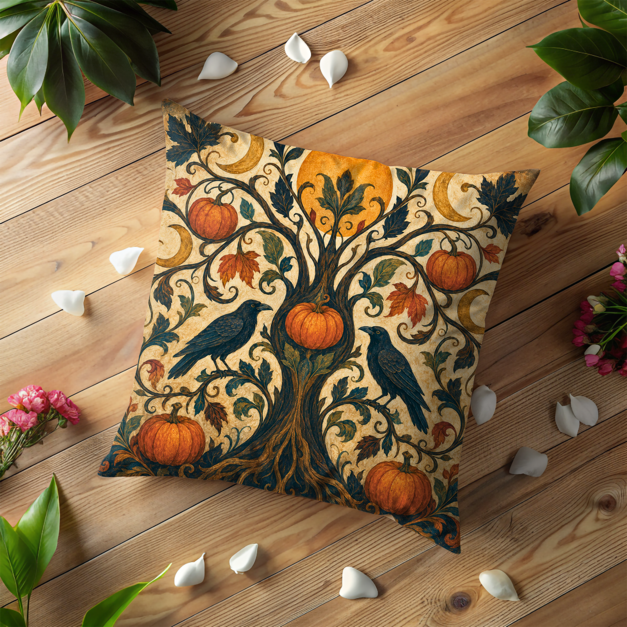 Raven Pumpkin Tree Pillow Cover | Ornate Autumn Art | Mystical Decor