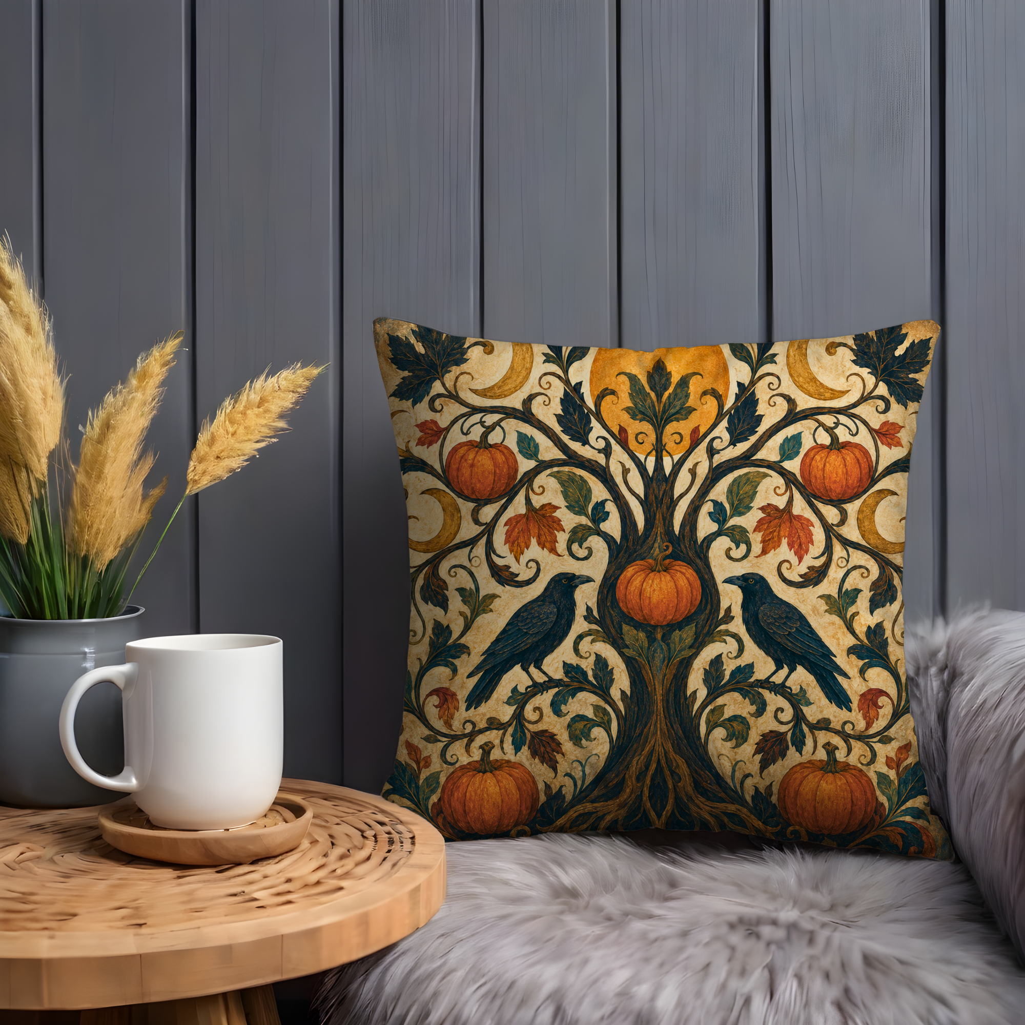 Raven Pumpkin Tree Pillow Cover | Ornate Autumn Art | Mystical Decor