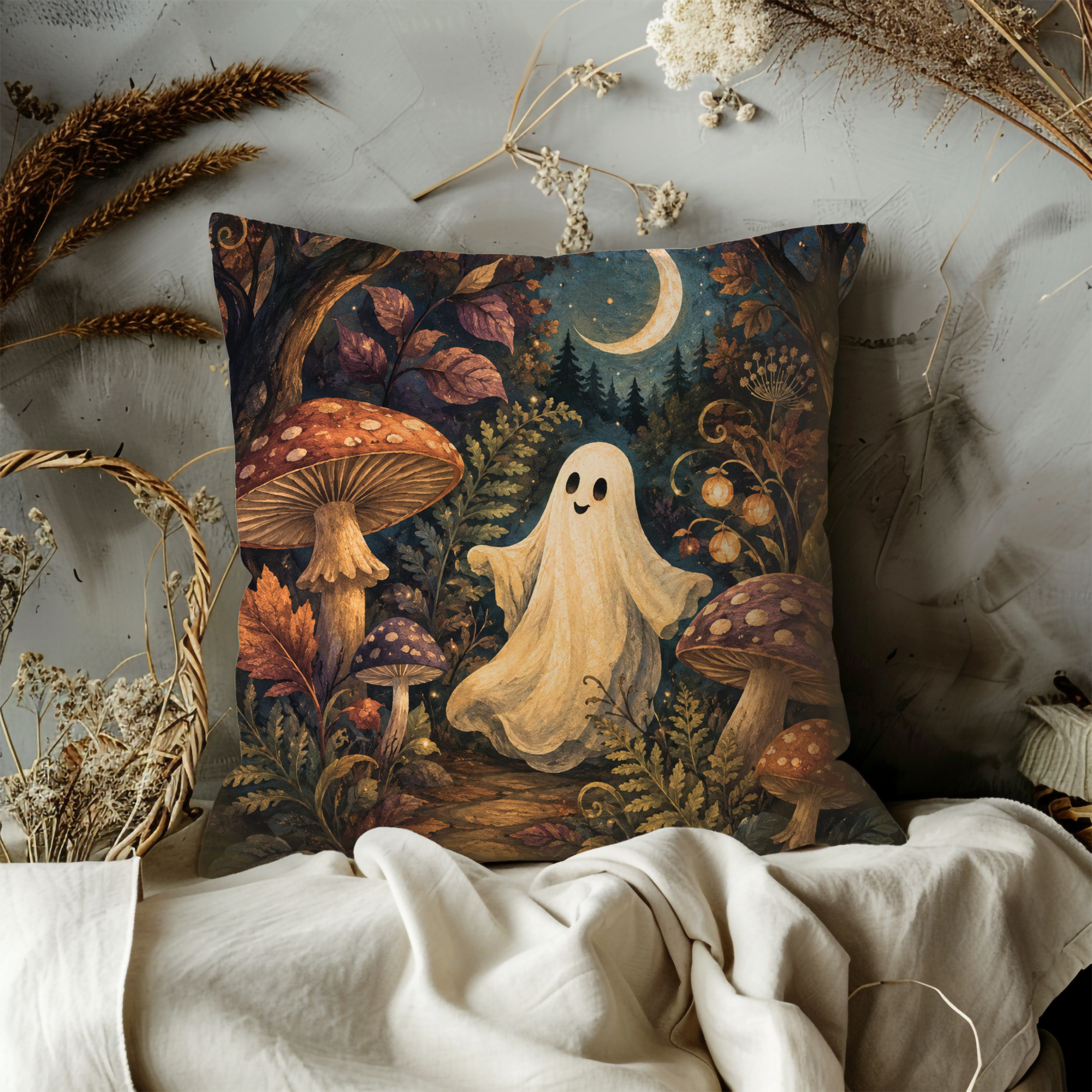 Ghost Mushroom Forest Pillow Cover | Cute Halloween Art