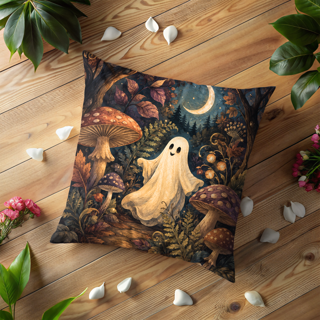 Ghost Mushroom Forest Pillow Cover | Cute Halloween Art