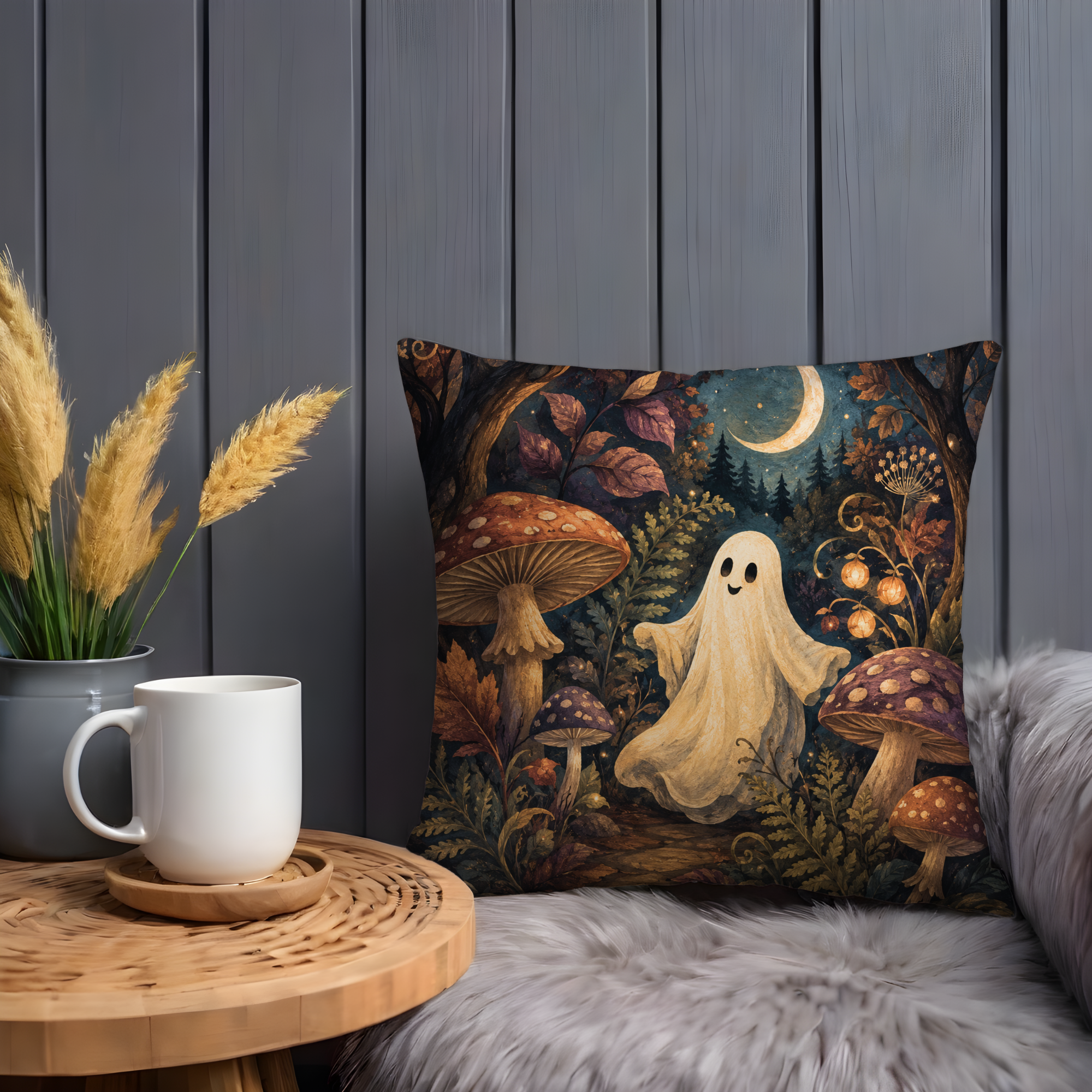 Ghost Mushroom Forest Pillow Cover | Cute Halloween Art