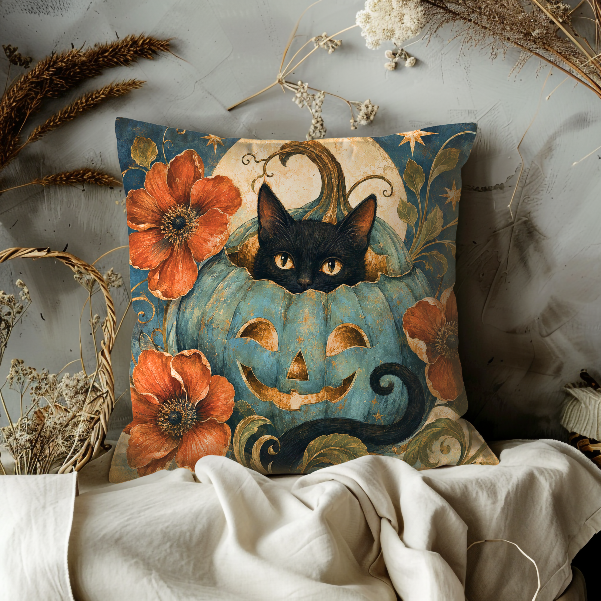 Black Cat Pumpkin Pillow Cover | Halloween Cat Art | Festive Decor