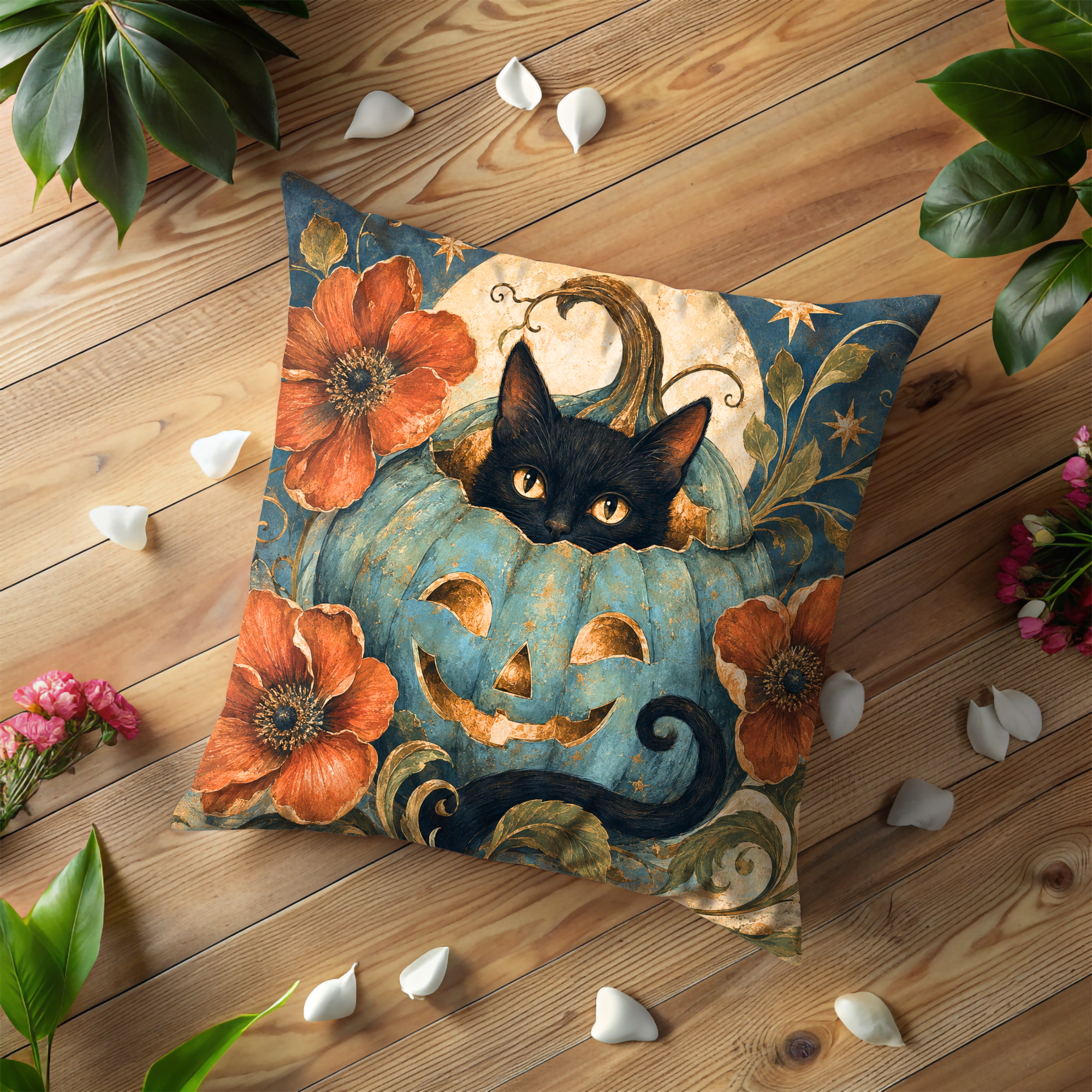 Black Cat Pumpkin Pillow Cover | Halloween Cat Art | Festive Decor