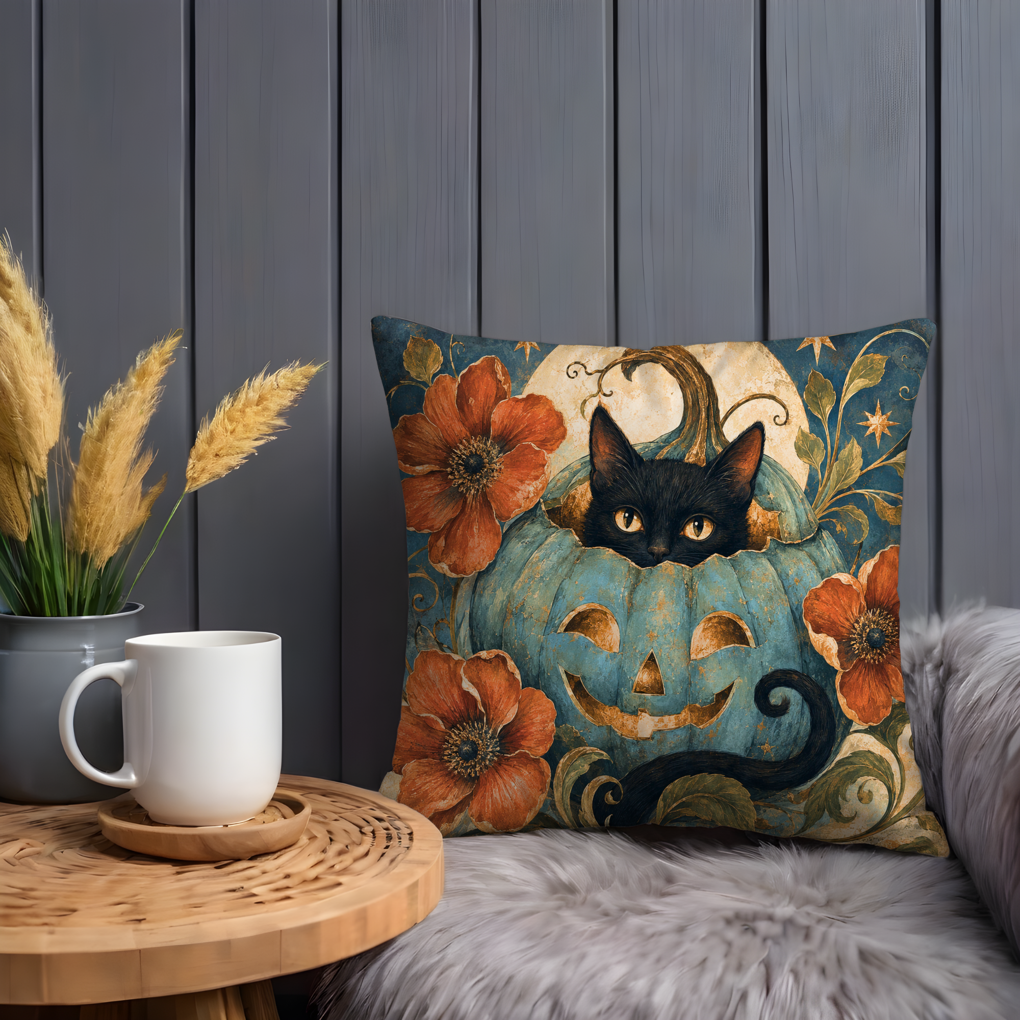 Black Cat Pumpkin Pillow Cover | Halloween Cat Art | Festive Decor