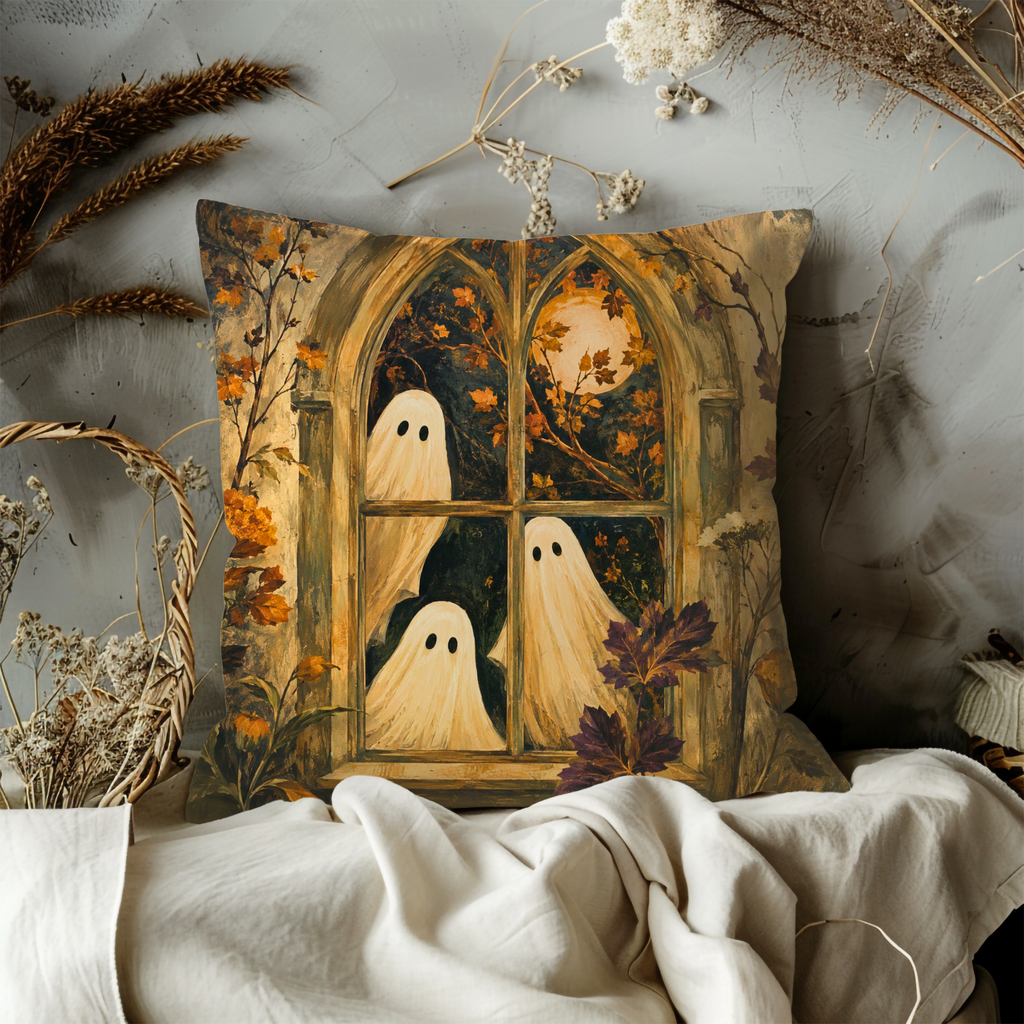 Three Ghosts Window Pillow Cover | Cute Halloween Art