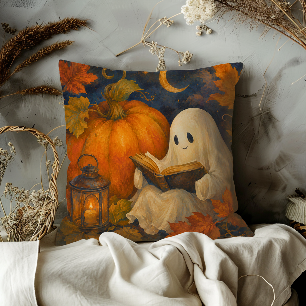 Ghost Reading Pillow Cover | Cute Halloween Art | Cozy Autumn Decor