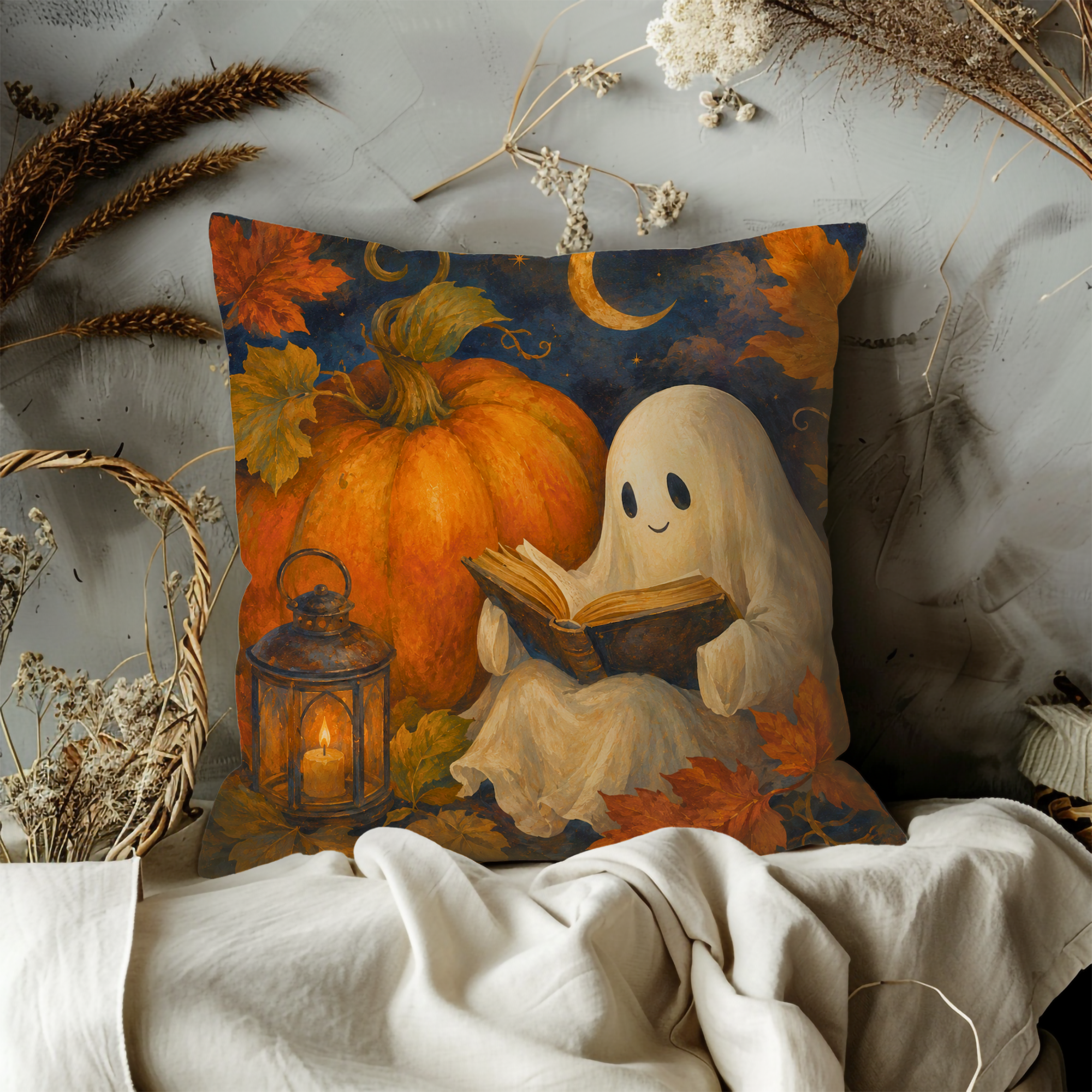 Ghost Reading Pillow Cover | Cute Halloween Art | Cozy Autumn Decor