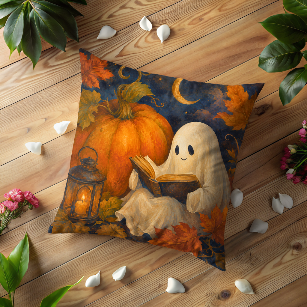 Ghost Reading Pillow Cover | Cute Halloween Art | Cozy Autumn Decor